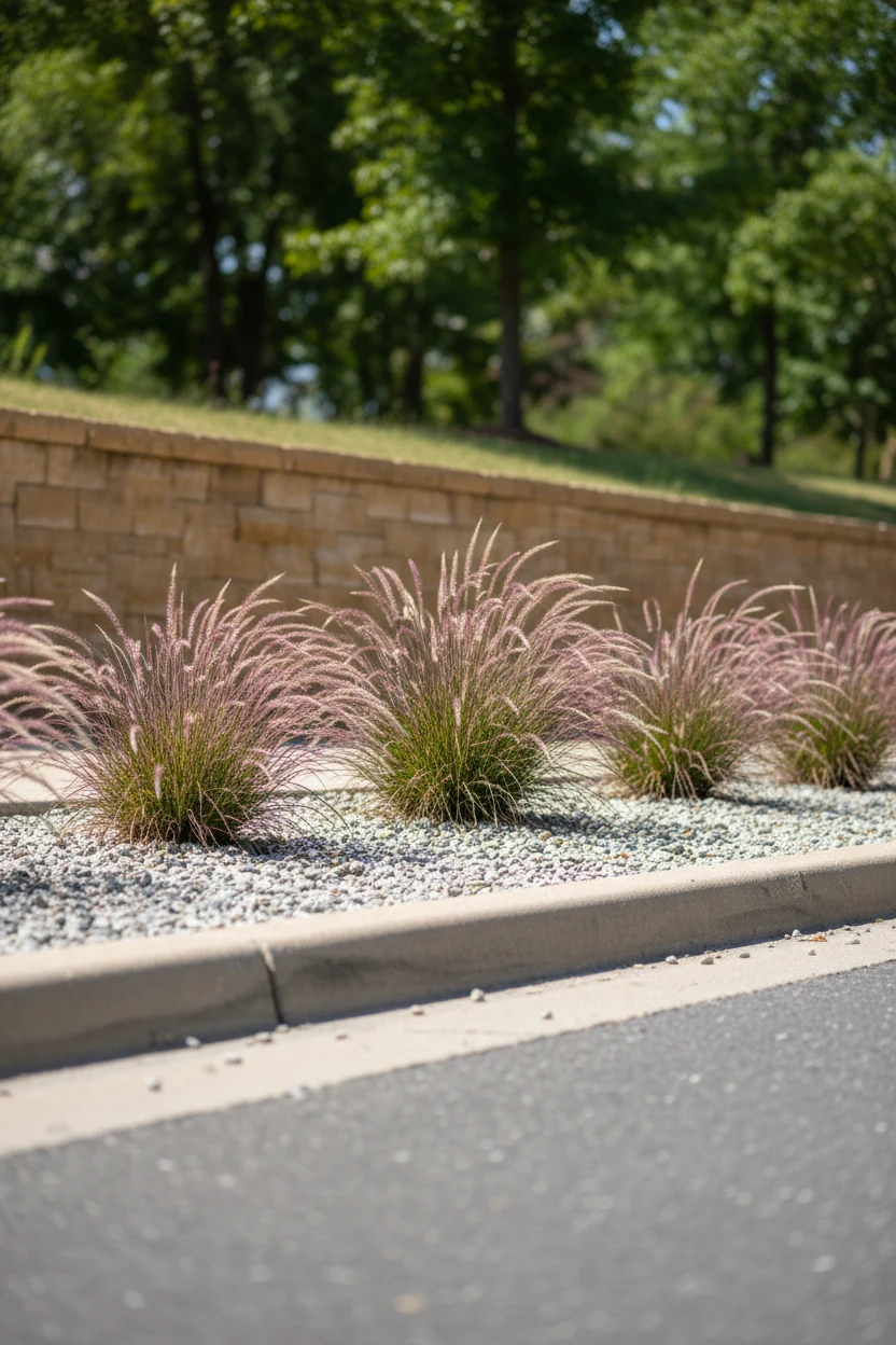 narrow curb strip with dwarf fountain grass mounds, gravel