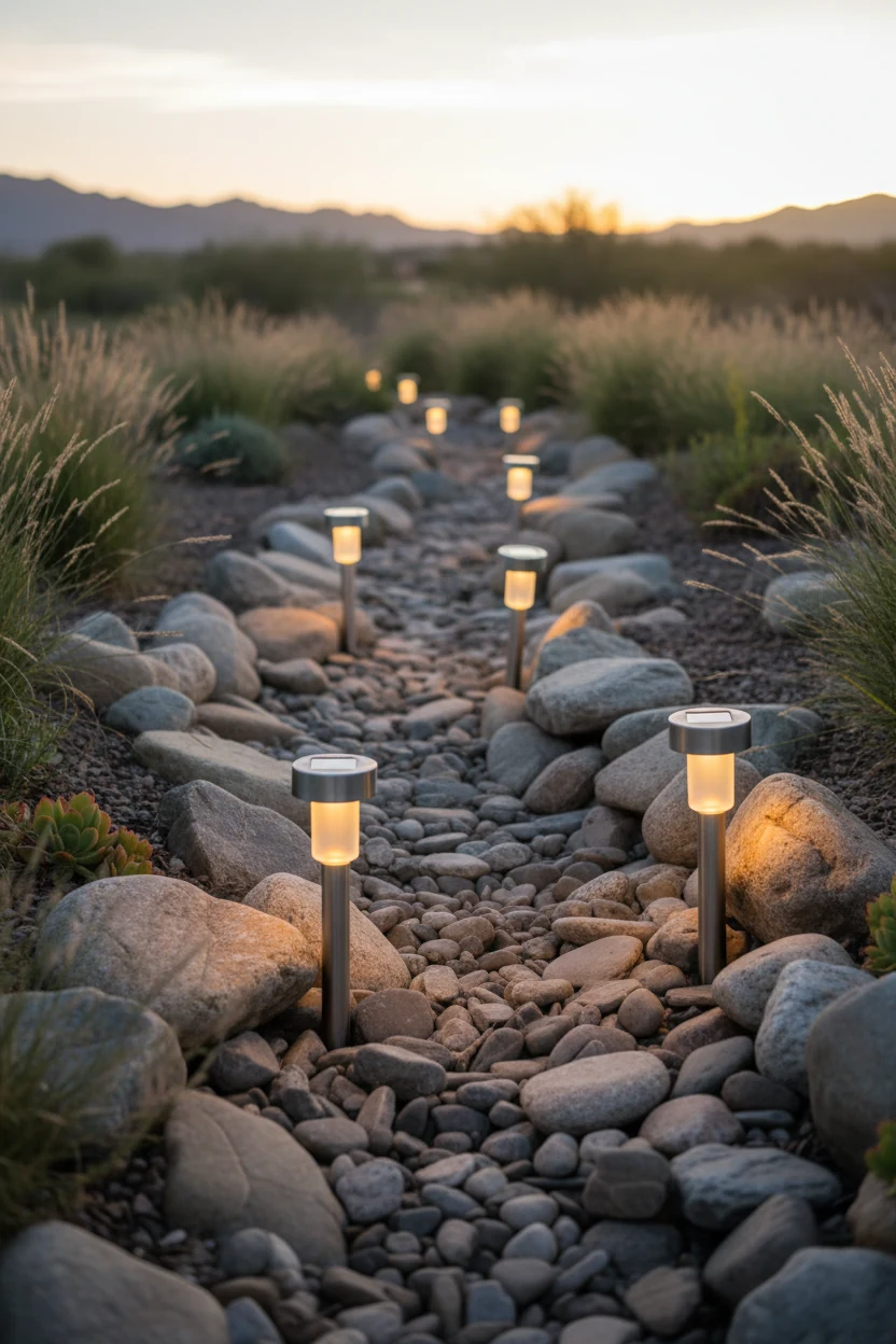 curving river rock dry creek bed, solar path lights