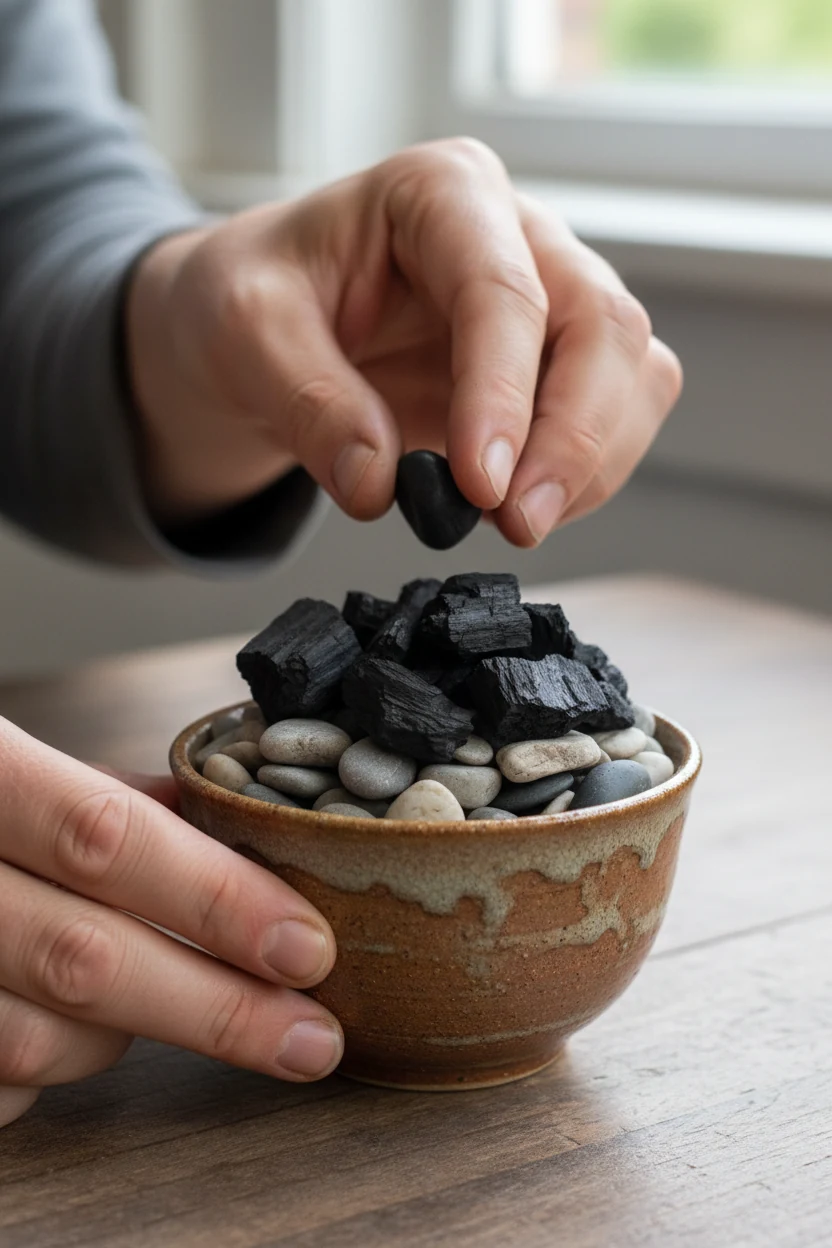 hands layering stones and charcoal inside ceramic teacup
