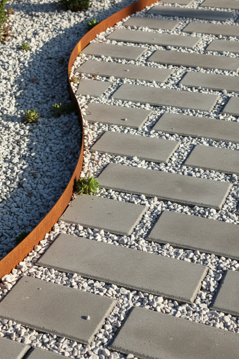 detail corten steel edging, light gray pavers, white gravel joints