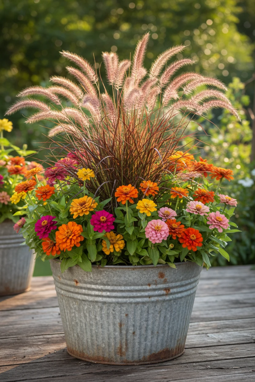 purple fountain grass, zinnias in sunlit galvanized planter