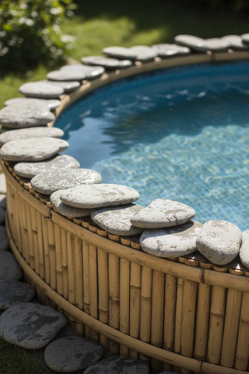 closeup bamboo-wrapped kiddie pool rim with overlapping flat stones