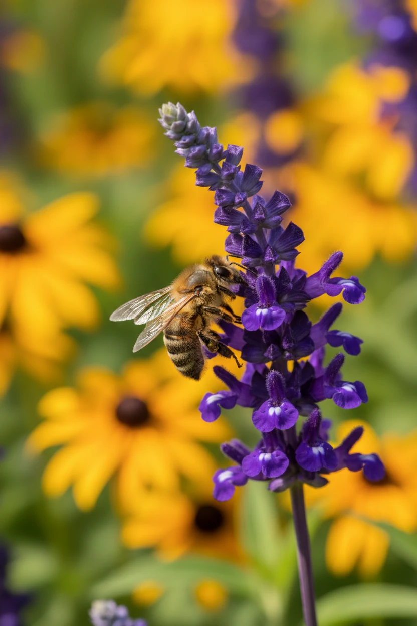 honeybee on purple salvia spike, golden rudbeckia background