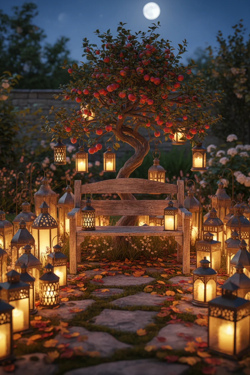 small wooden bench surrounded by lanterns and dwarf fruit tree