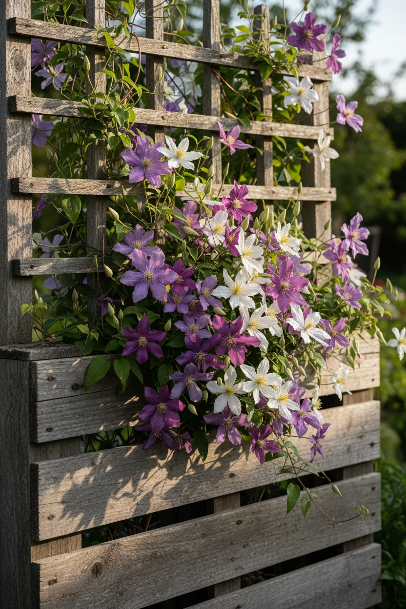 closeup of weathered wooden pallet planter filled with blooming clematis flowers