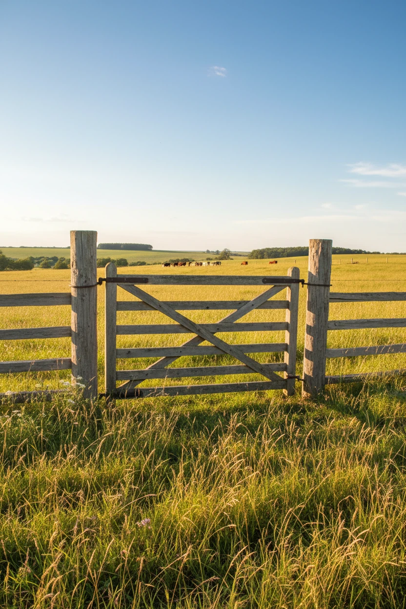 rustic wooden gate swinging between split-rail fence in sunny pasture
