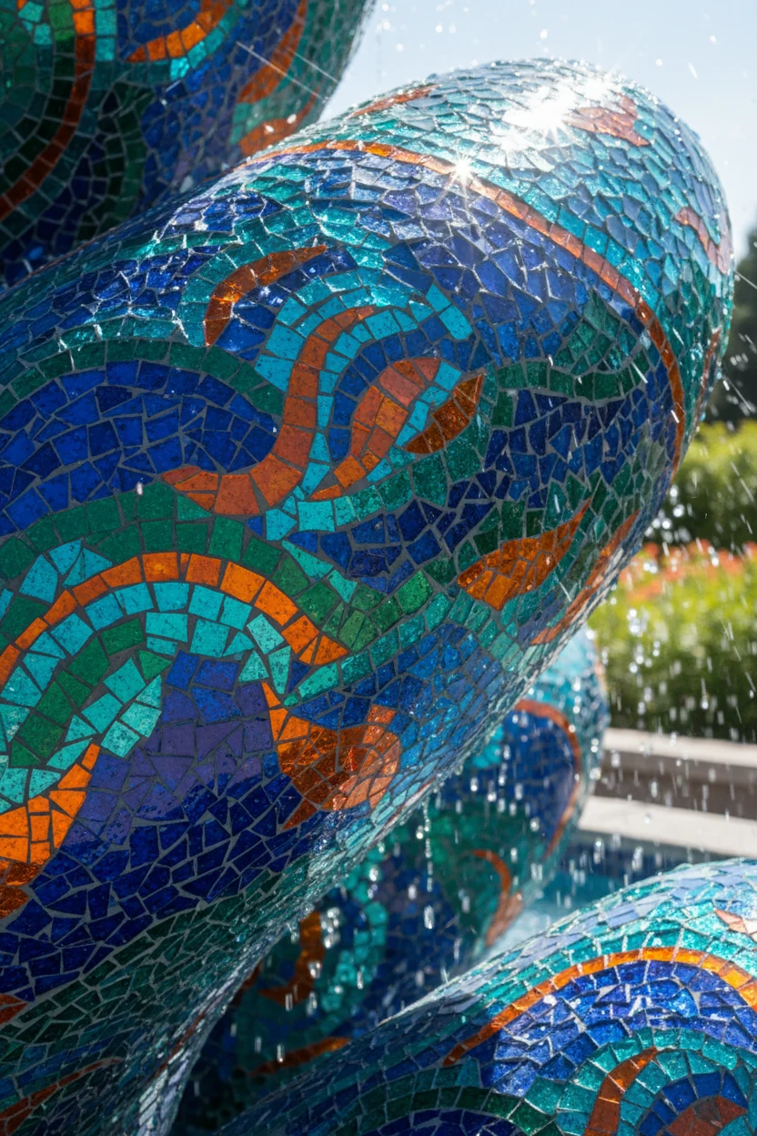 closeup of glass mosaic tiles shimmering in sunlight on artistic fountain sculpture