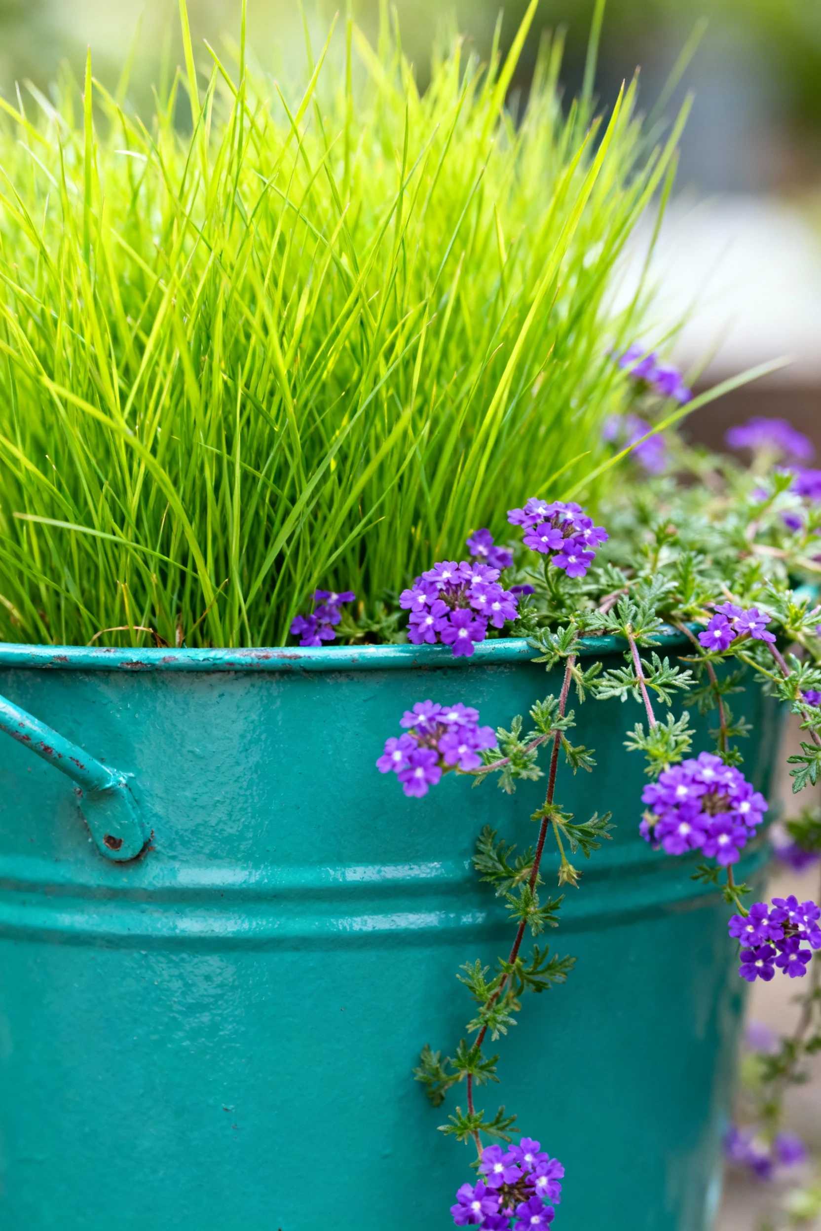 4. closeup teal-painted bucket planter, dwarf grass and trailing verbena