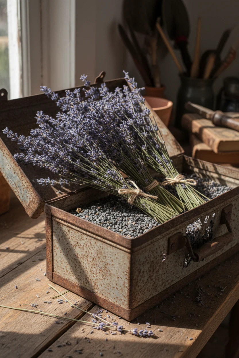 rustic metal toolbox holding lavender with gravel drainage layer visible