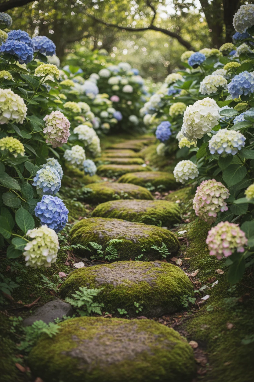 closeup of moss-covered stepping stones leading through hydrangea bushes