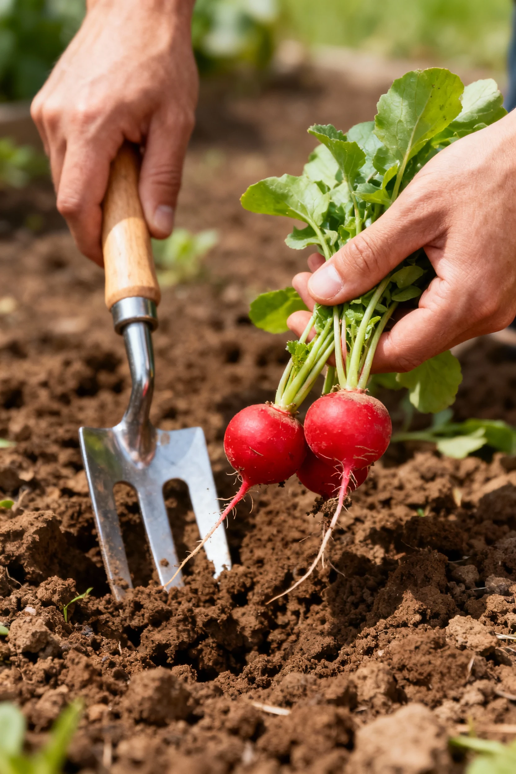 hands pulling red radishes from crumbly soil with garden fork