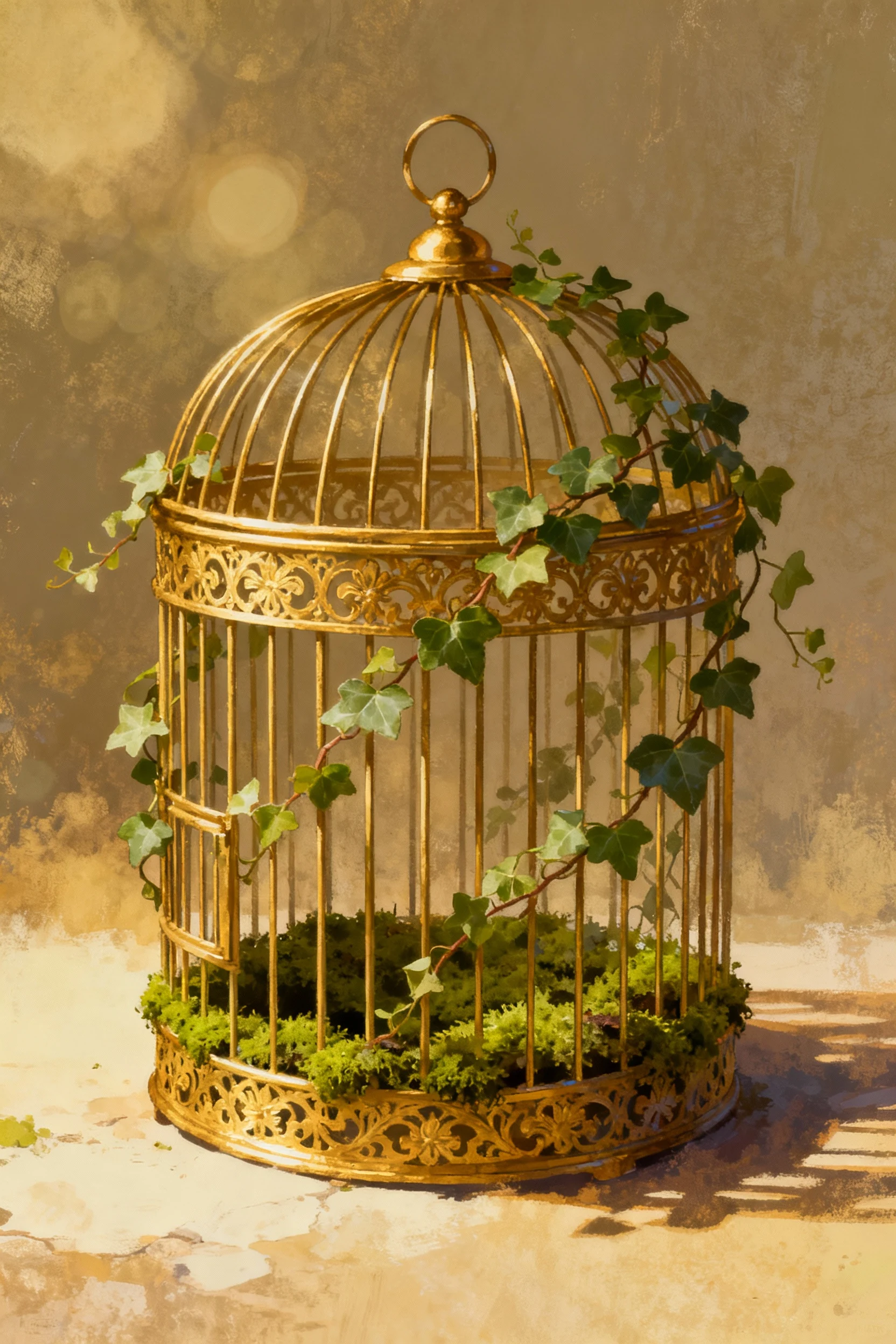 round vintage gold bird cage with trailing ivy and moss lining