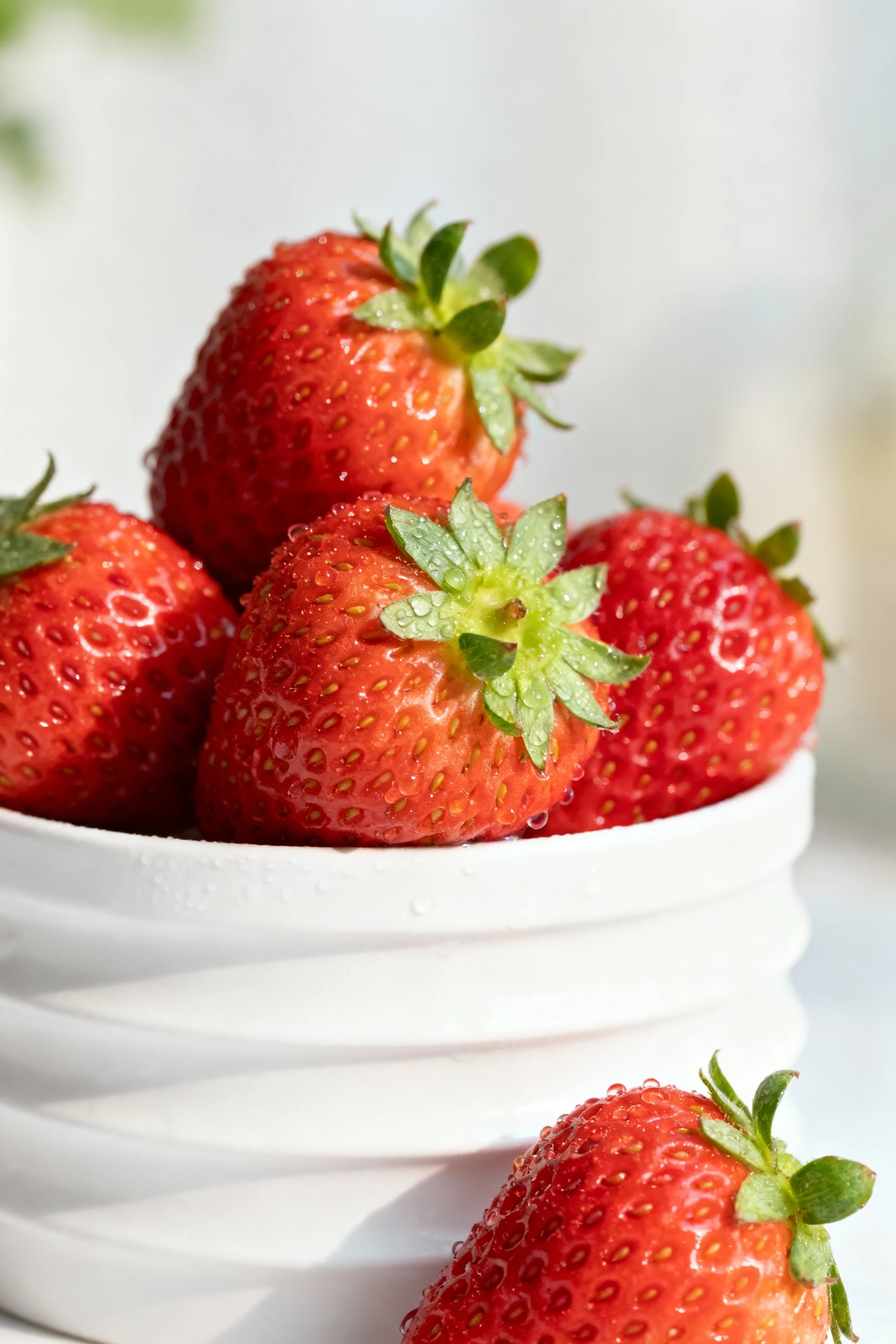 Ripe strawberries on white stacking tower, morning dew closeup