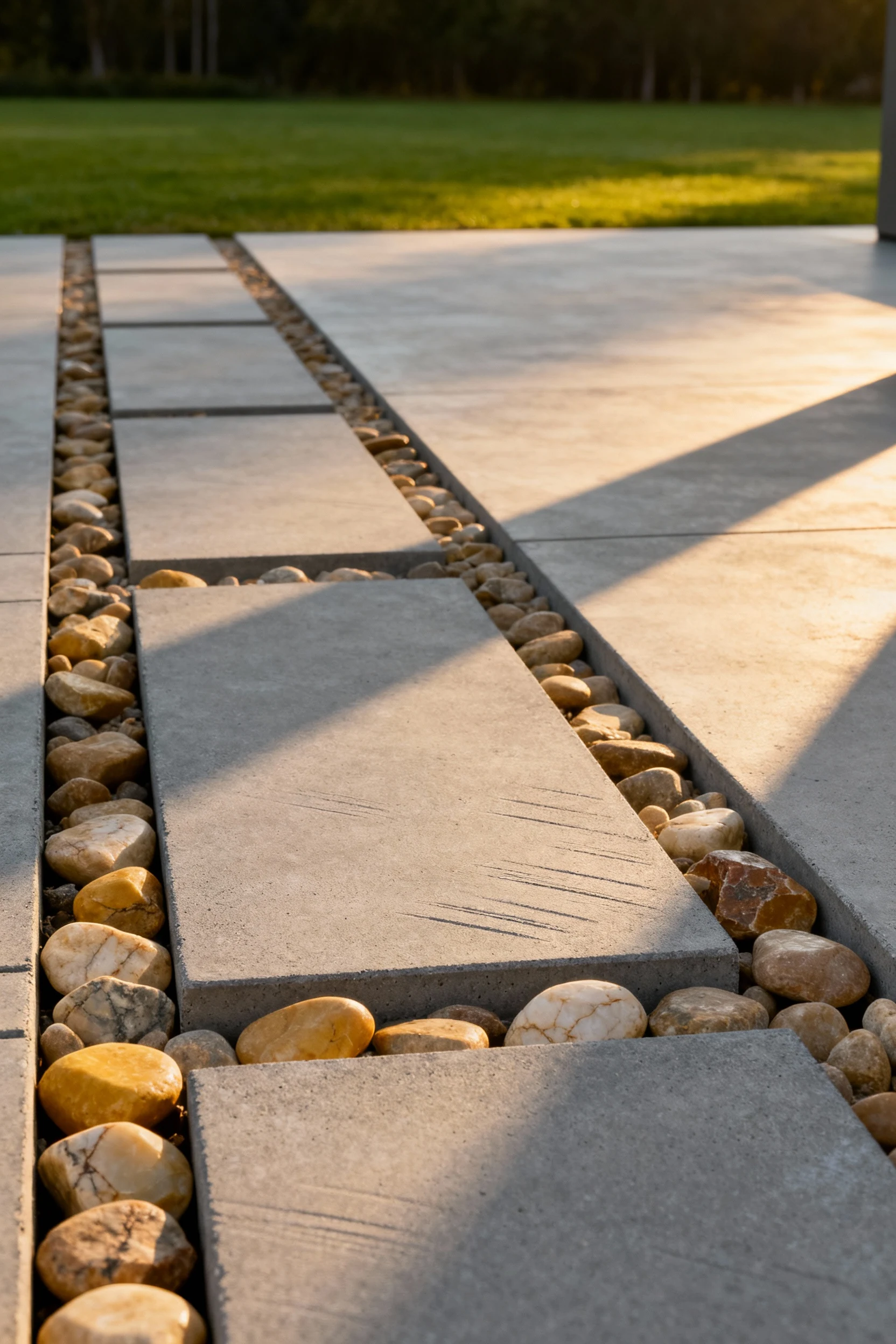 modern concrete slab pathway with smooth river rocks in gaps