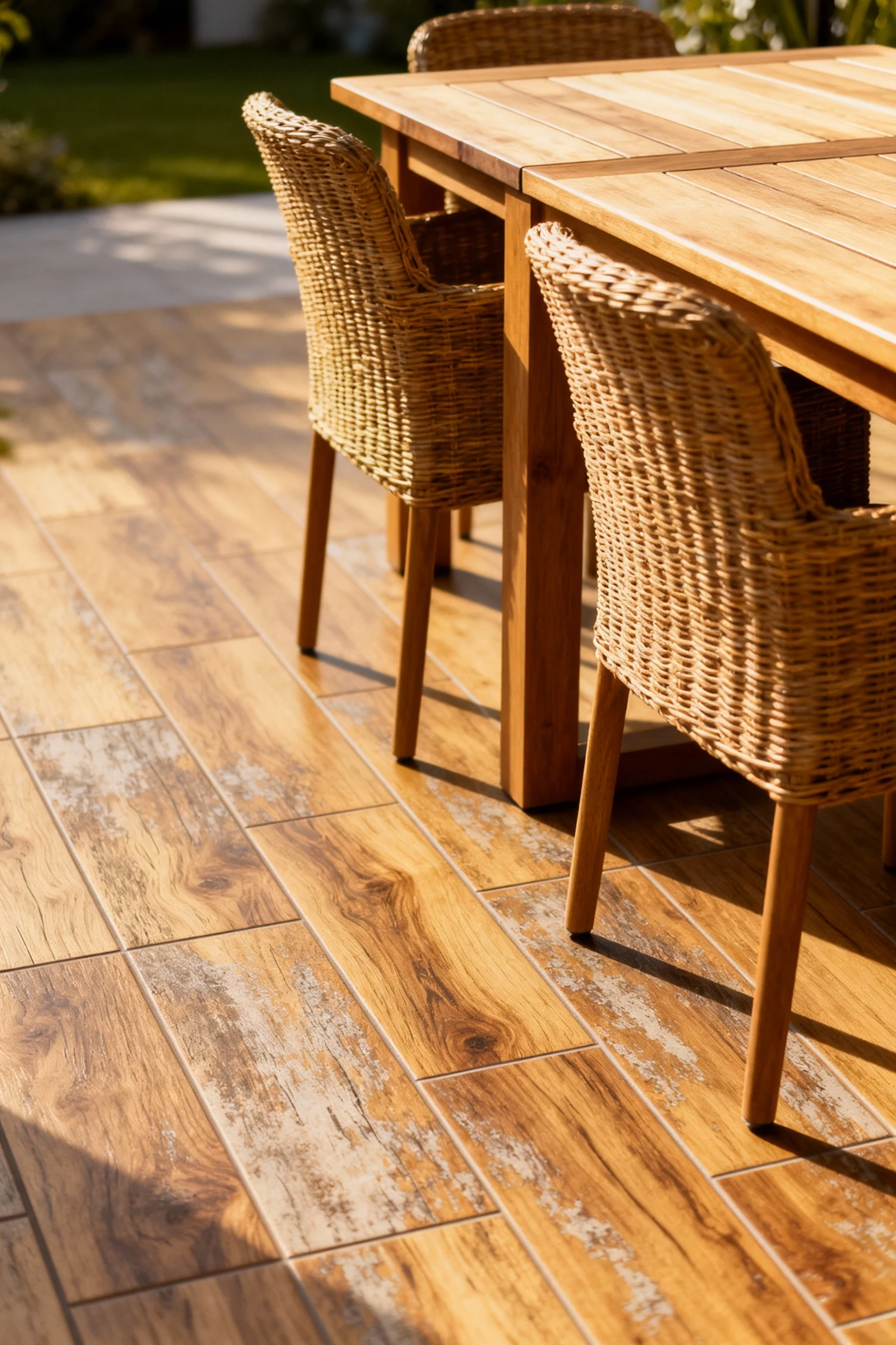 wood-effect tile floor beside outdoor dining set