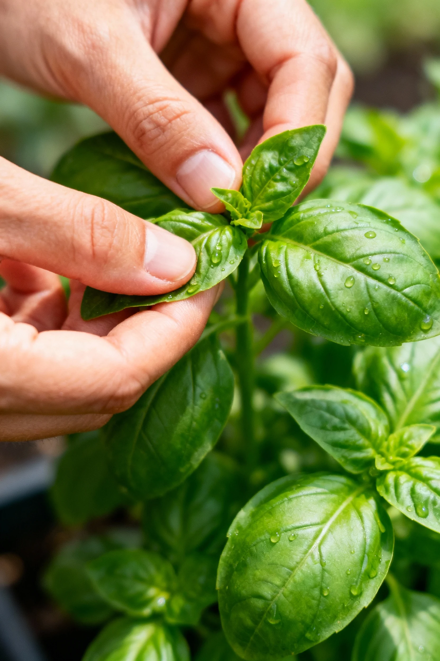 closeup hands pinching basil tips, bright green leaves
