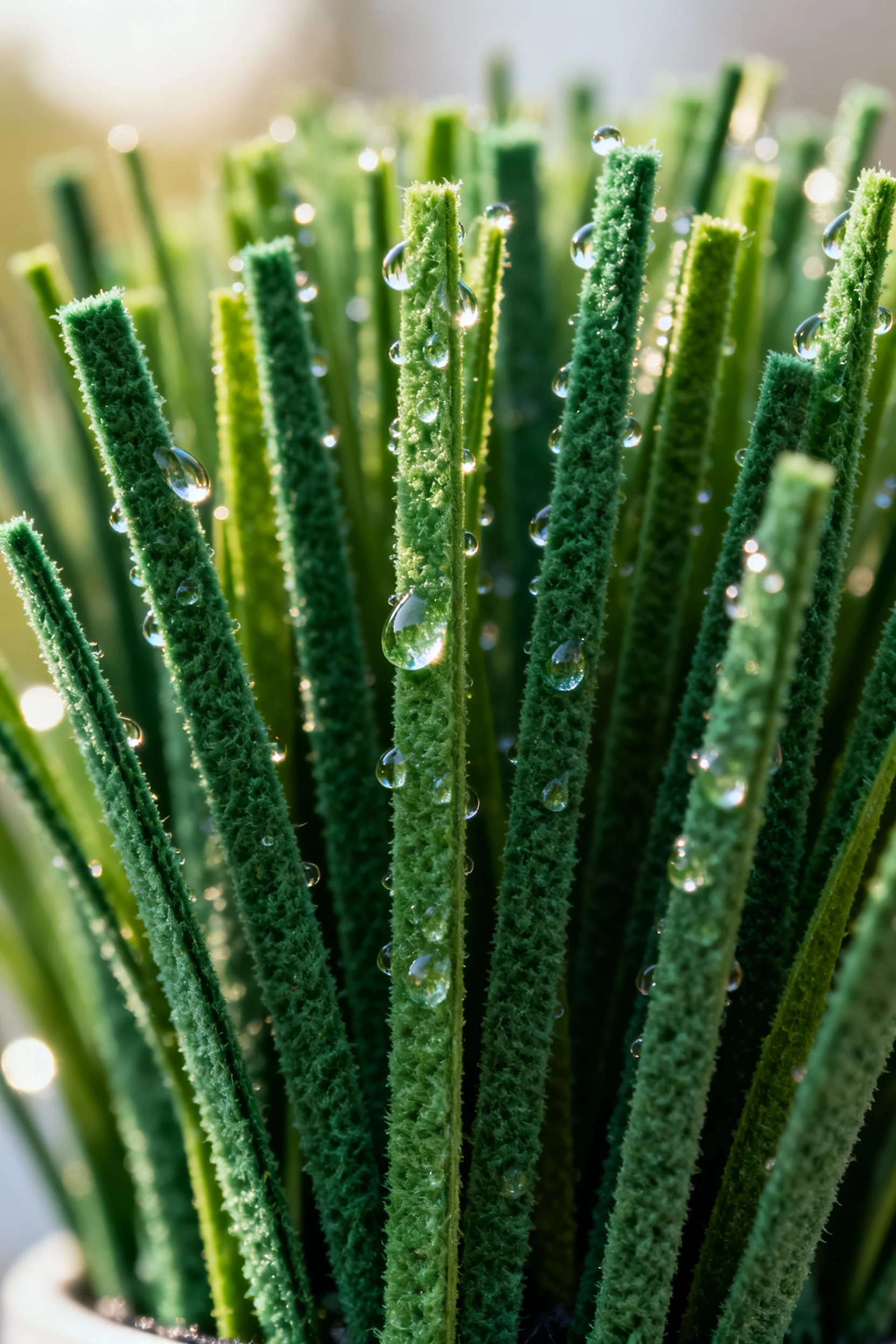 closeup of artificial grass blades with morning dew drops