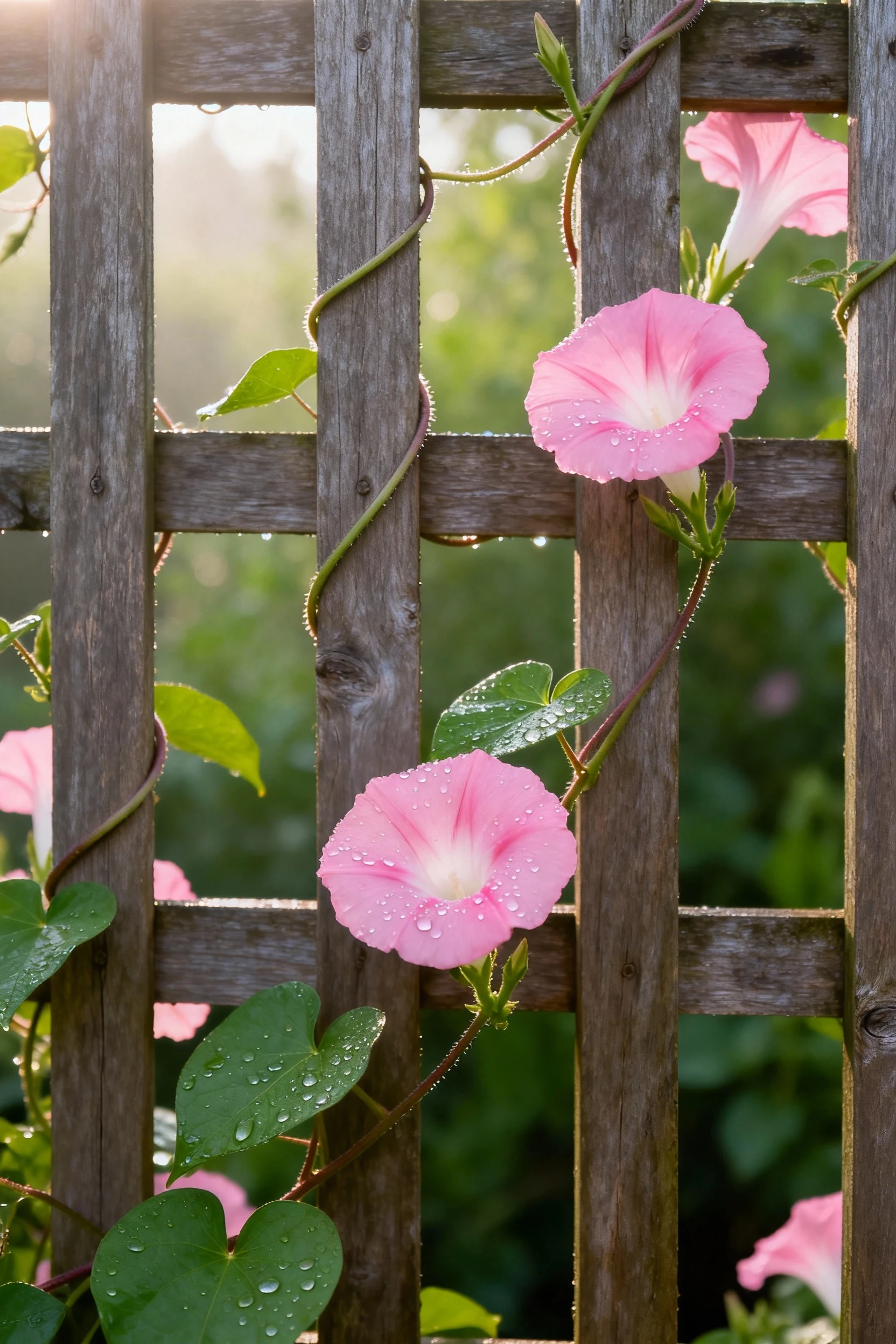 vertical trellis with pink morning glories in bloom