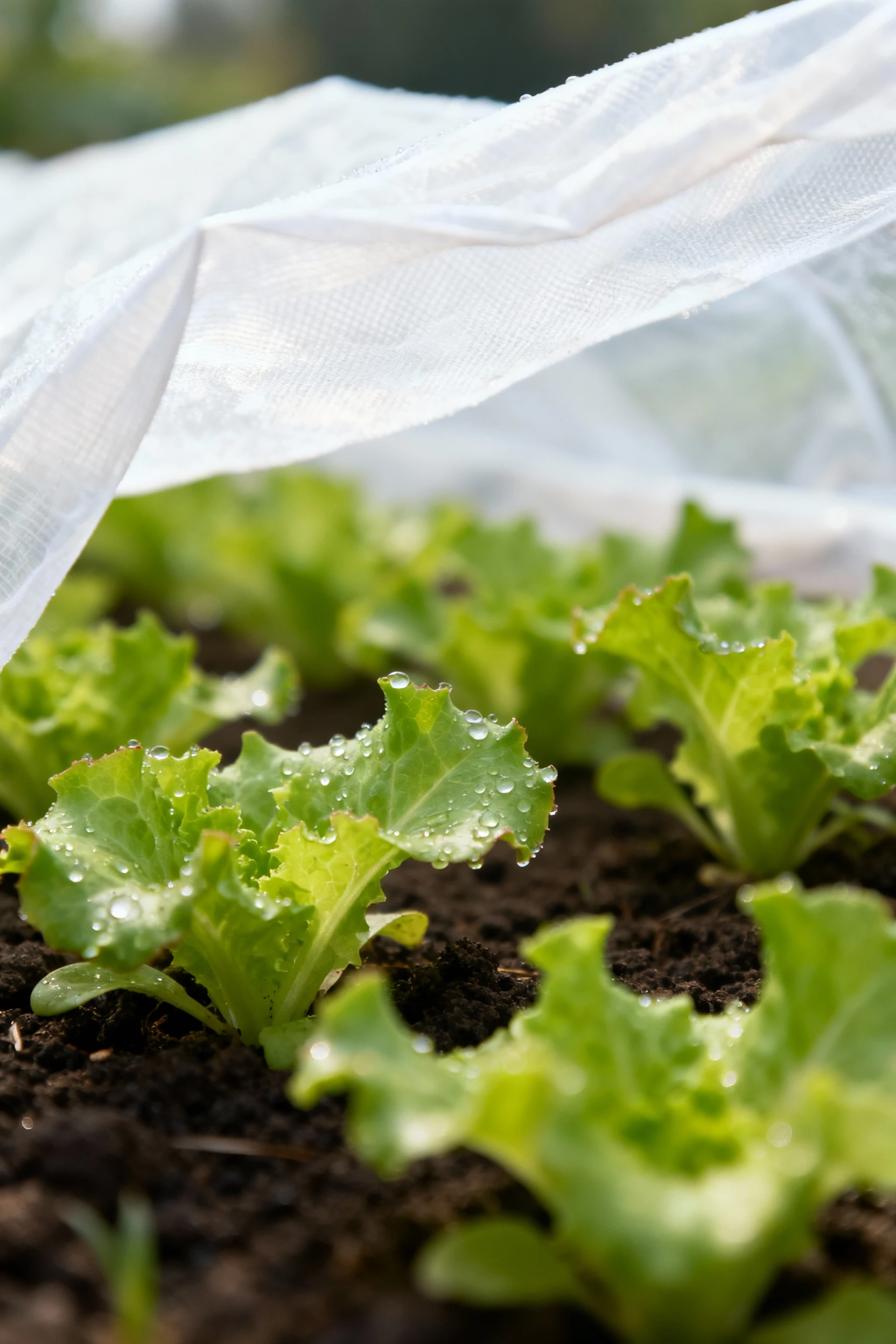 closeup floating row cover over young lettuce leaves