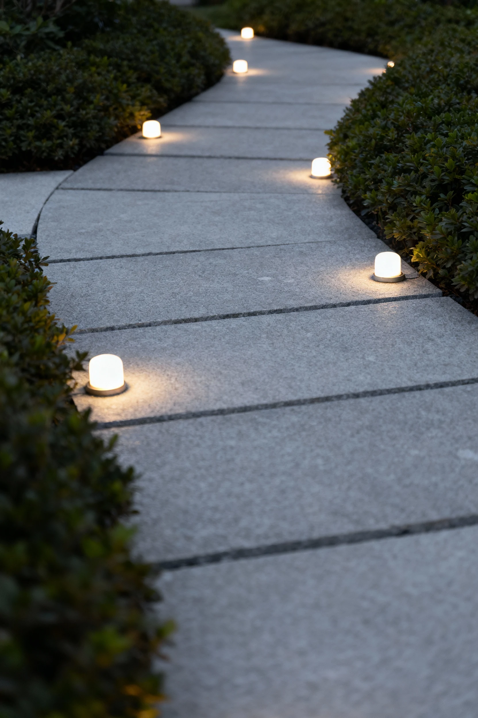 closeup medium grey stone path, low bushes, evenly spaced lights