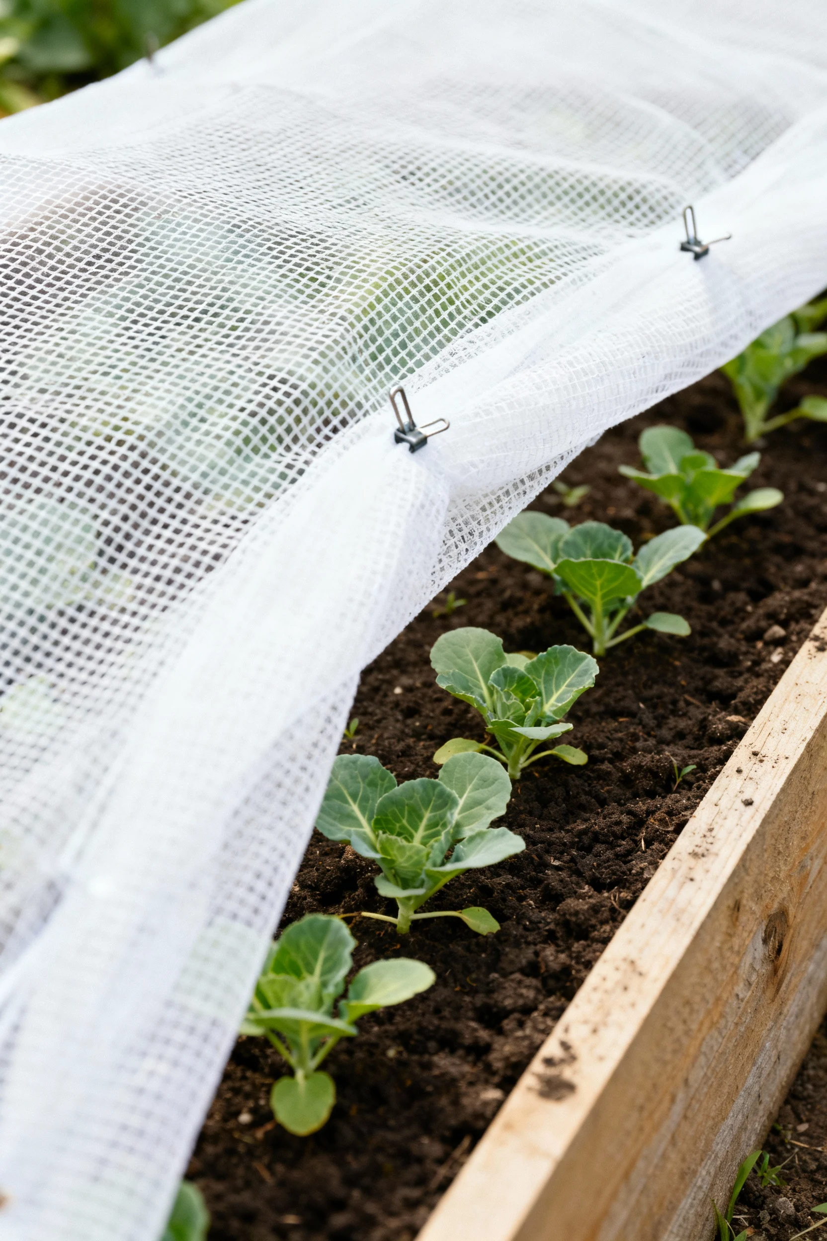 white mesh row cover pinned along raised bed, cabbage seedlings
