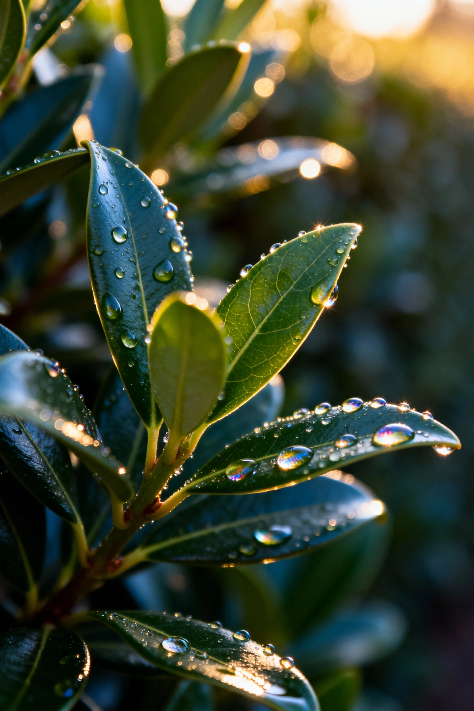 closeup of glossy laurel hedge leaves with morning dew