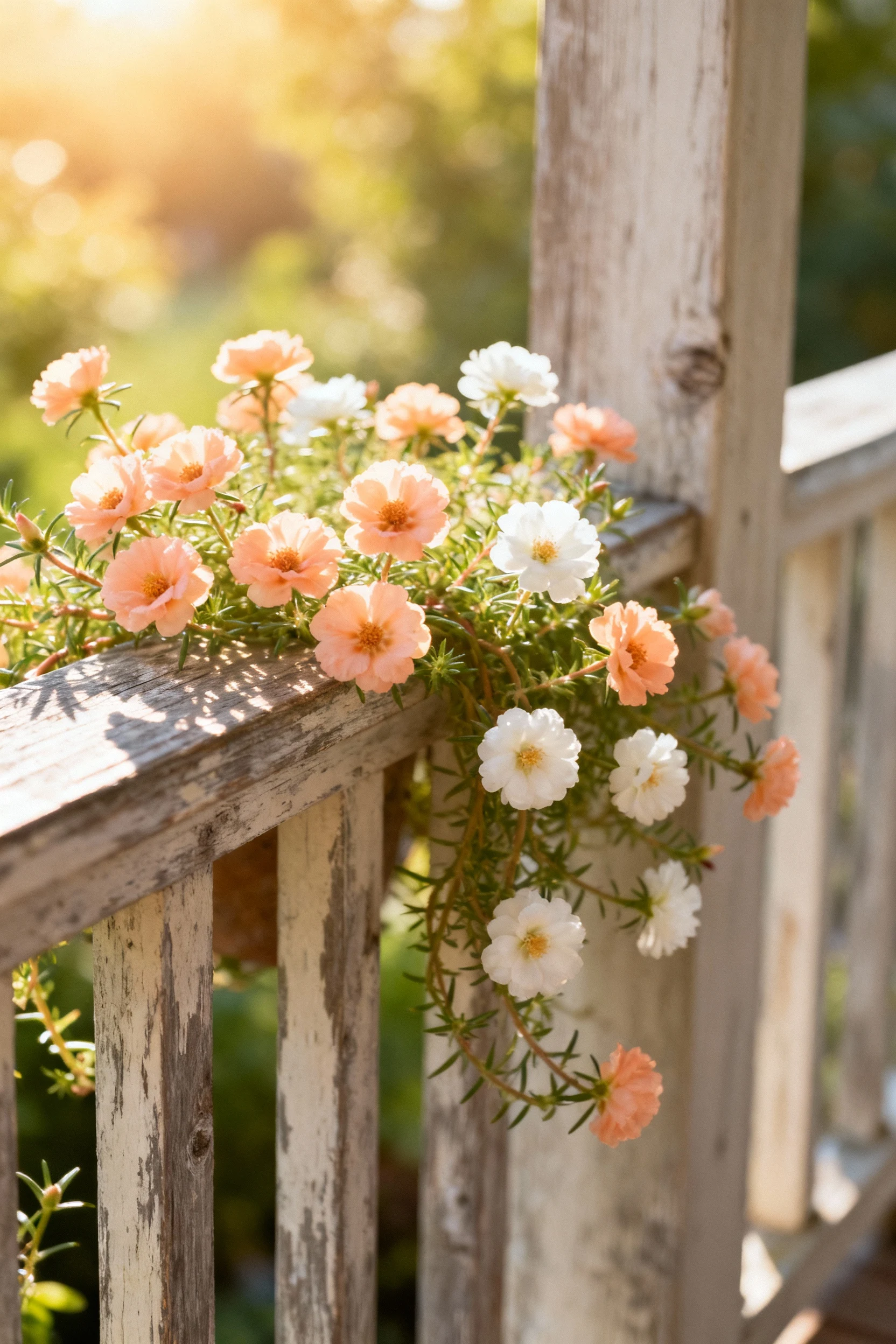 pastel peach and white portulaca blooms spilling over rustic porch railing in full sun