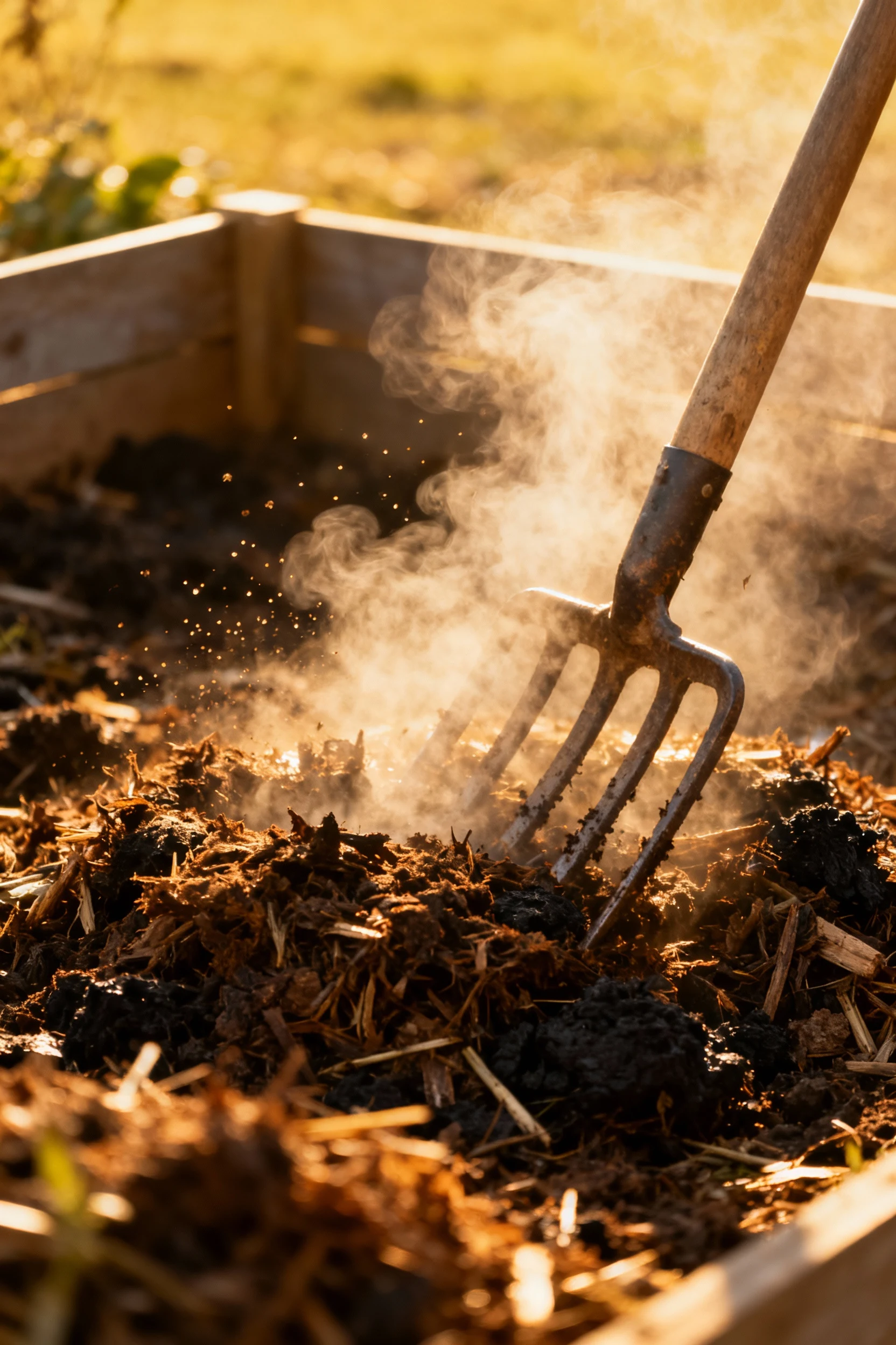 steam rising as pitchfork turns hot 3x3 compost heap