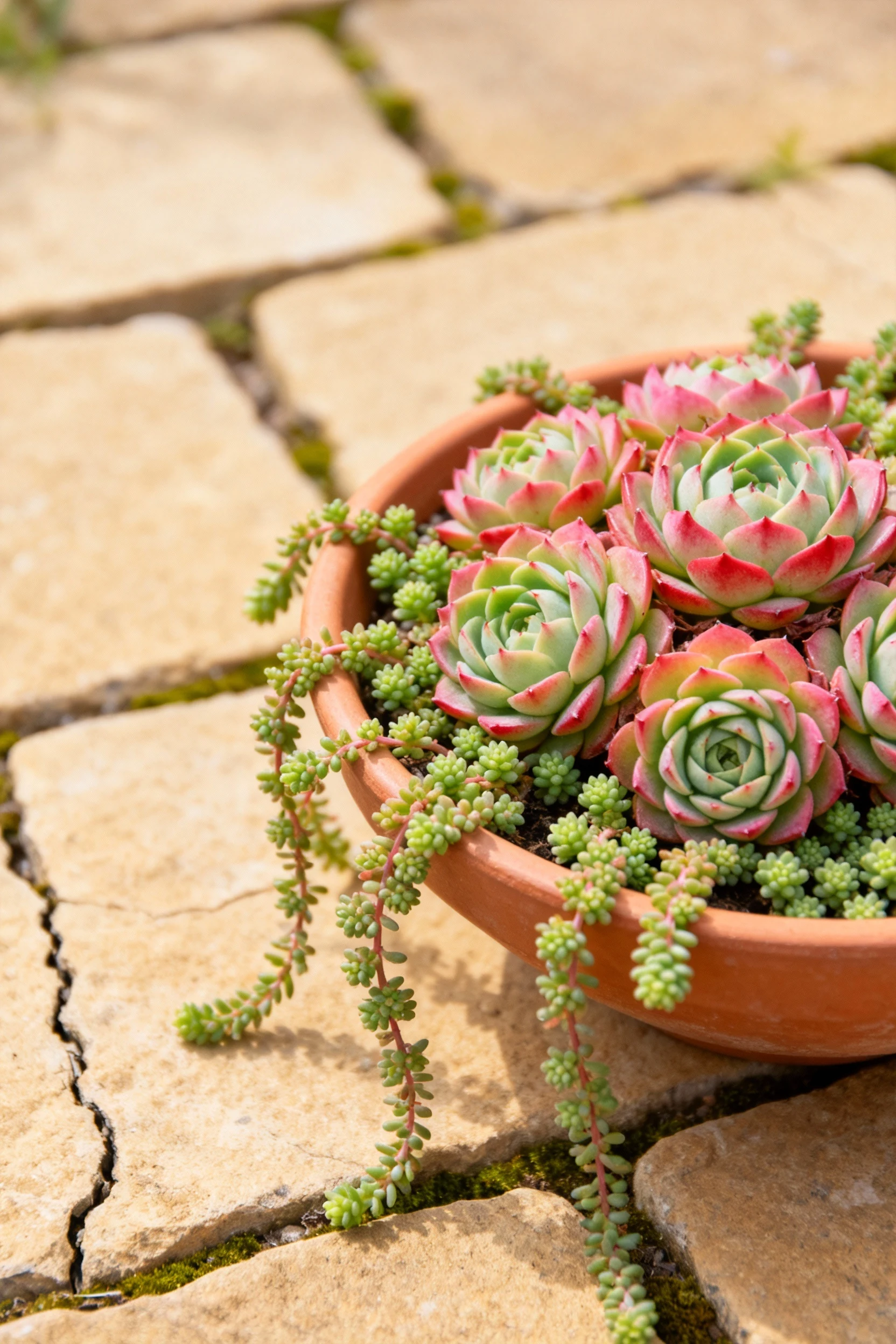 closeup shallow bowl of sempervivum and sedum on pavers