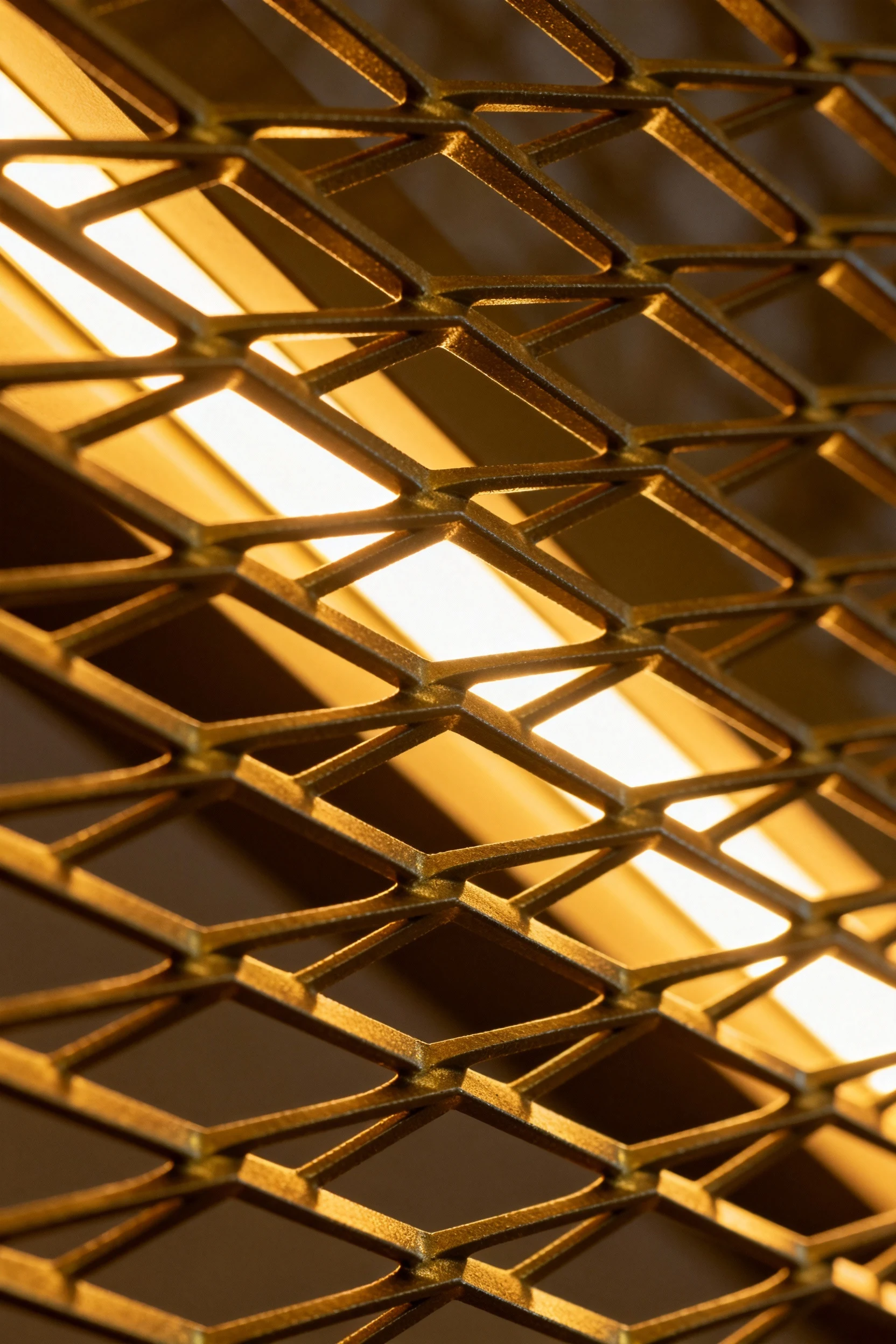 closeup expanded metal mesh backlit by warm LED strip