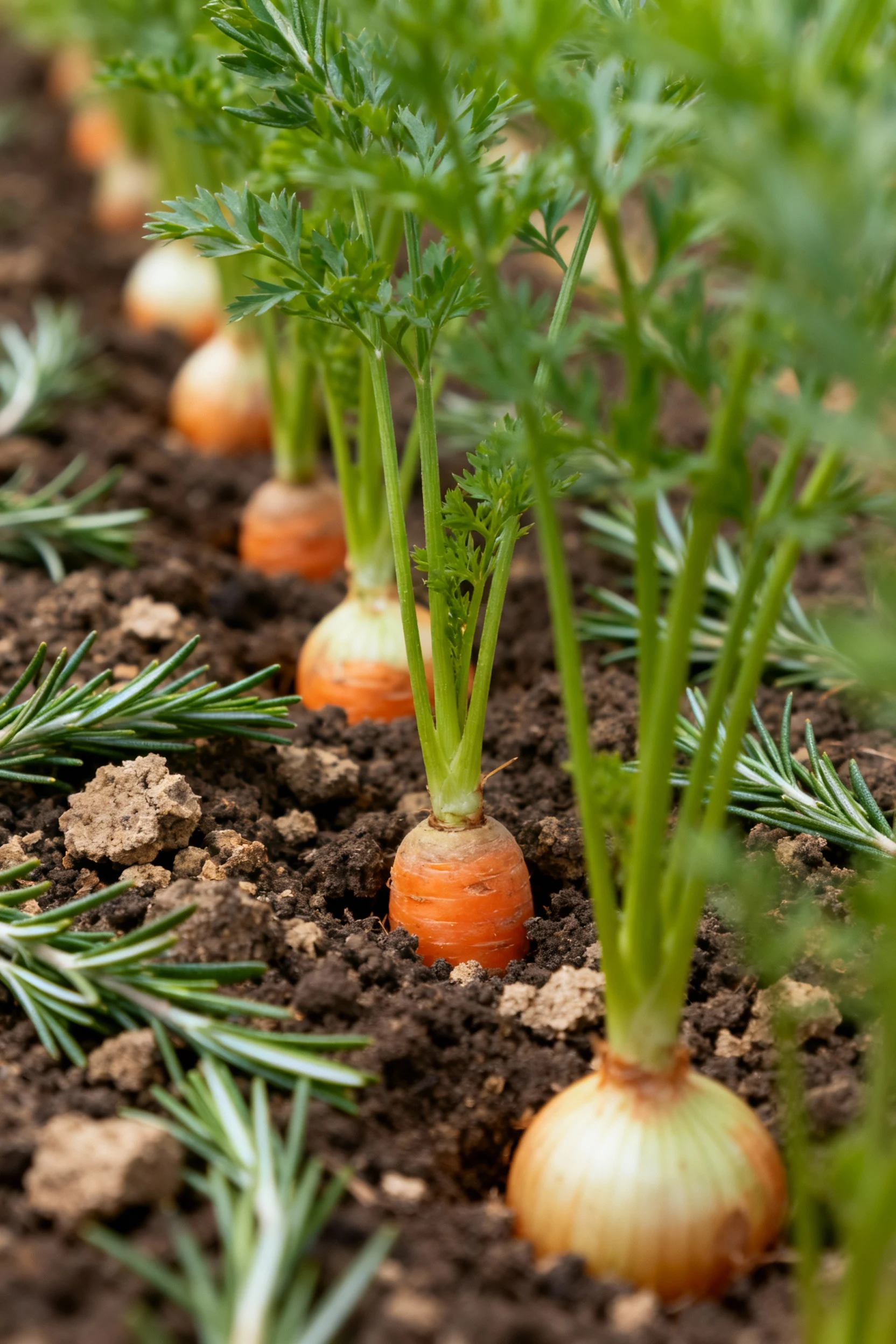 closeup carrot tops between onion rows, rosemary sprigs, crumbly soil
