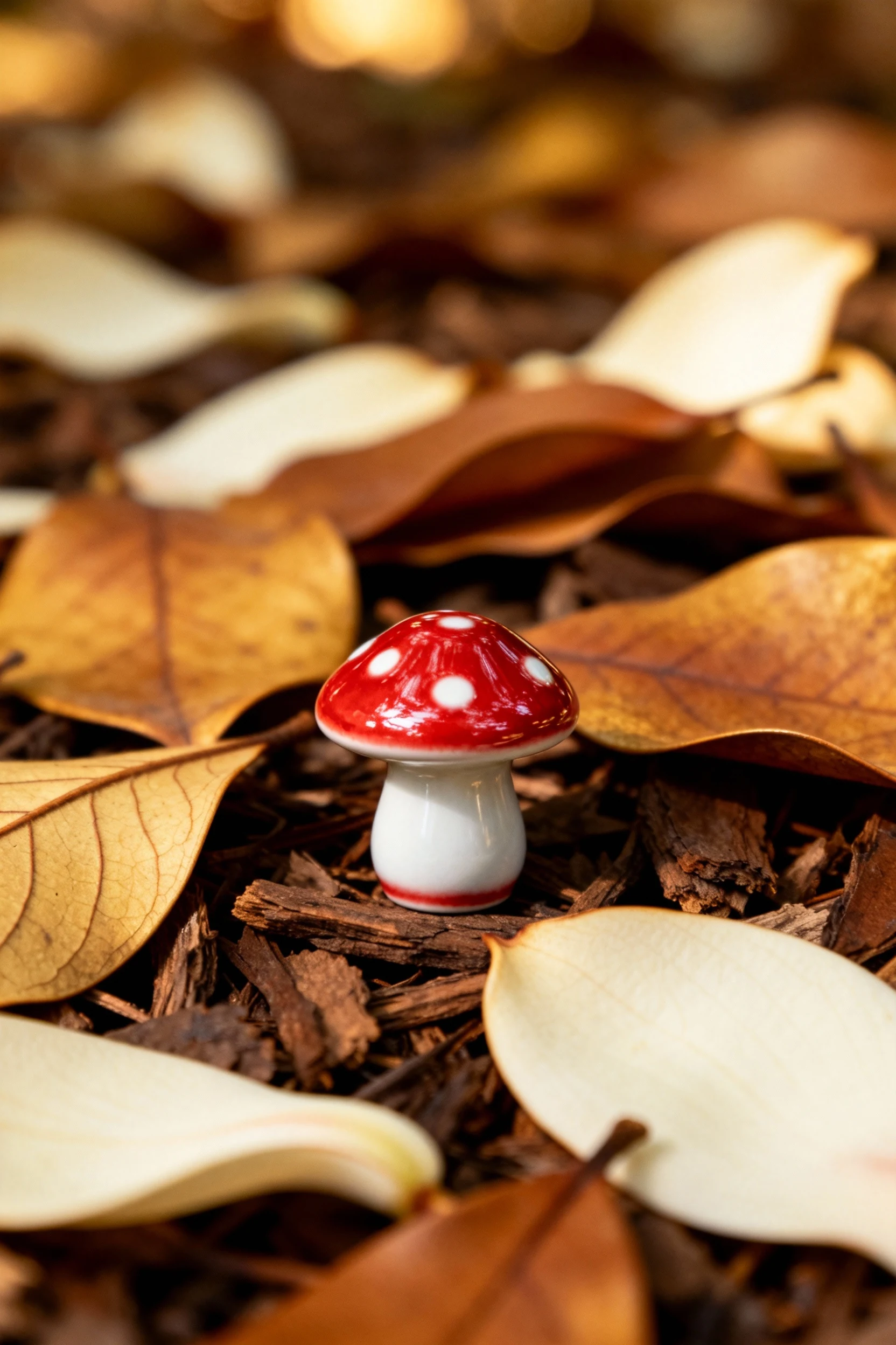 Closeup sealed ceramic red-white mini mushrooms on magnolia litter