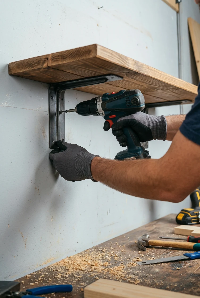 closeup male hands anchoring pine shelf, heavy-duty L-brackets