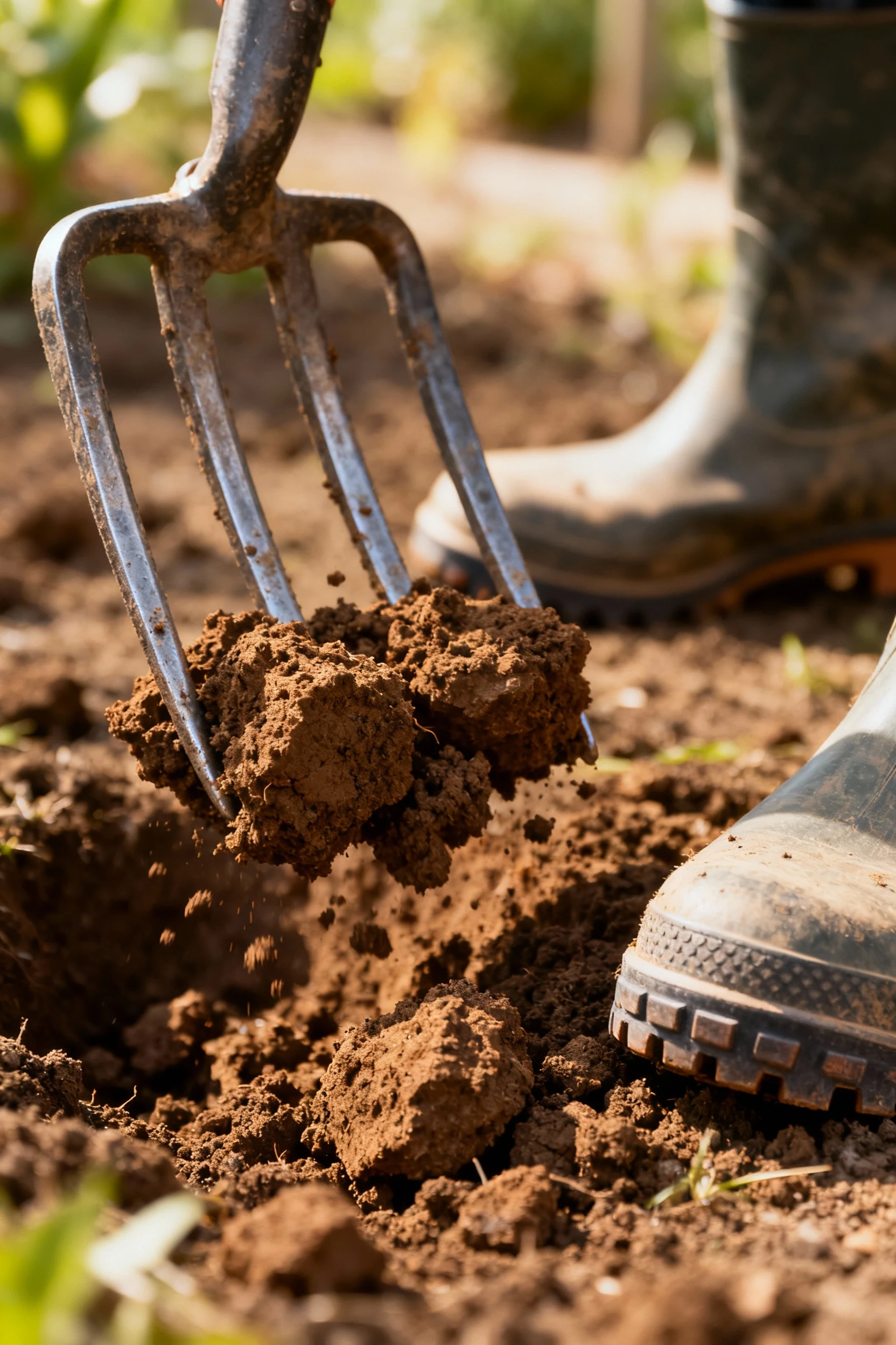 closeup broadfork tines lifting brown soil, gardener boots