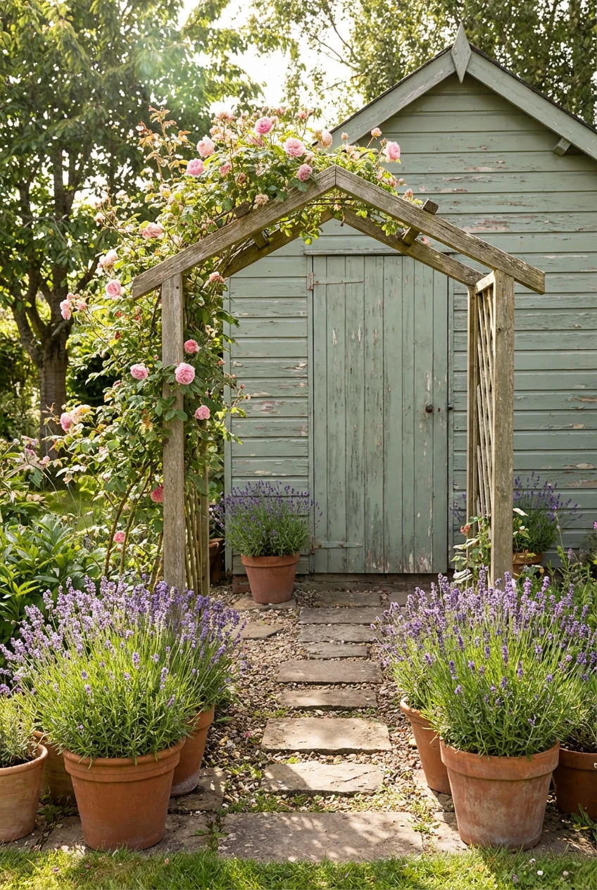 stepping stones to shed door, small arbor, lavender pots