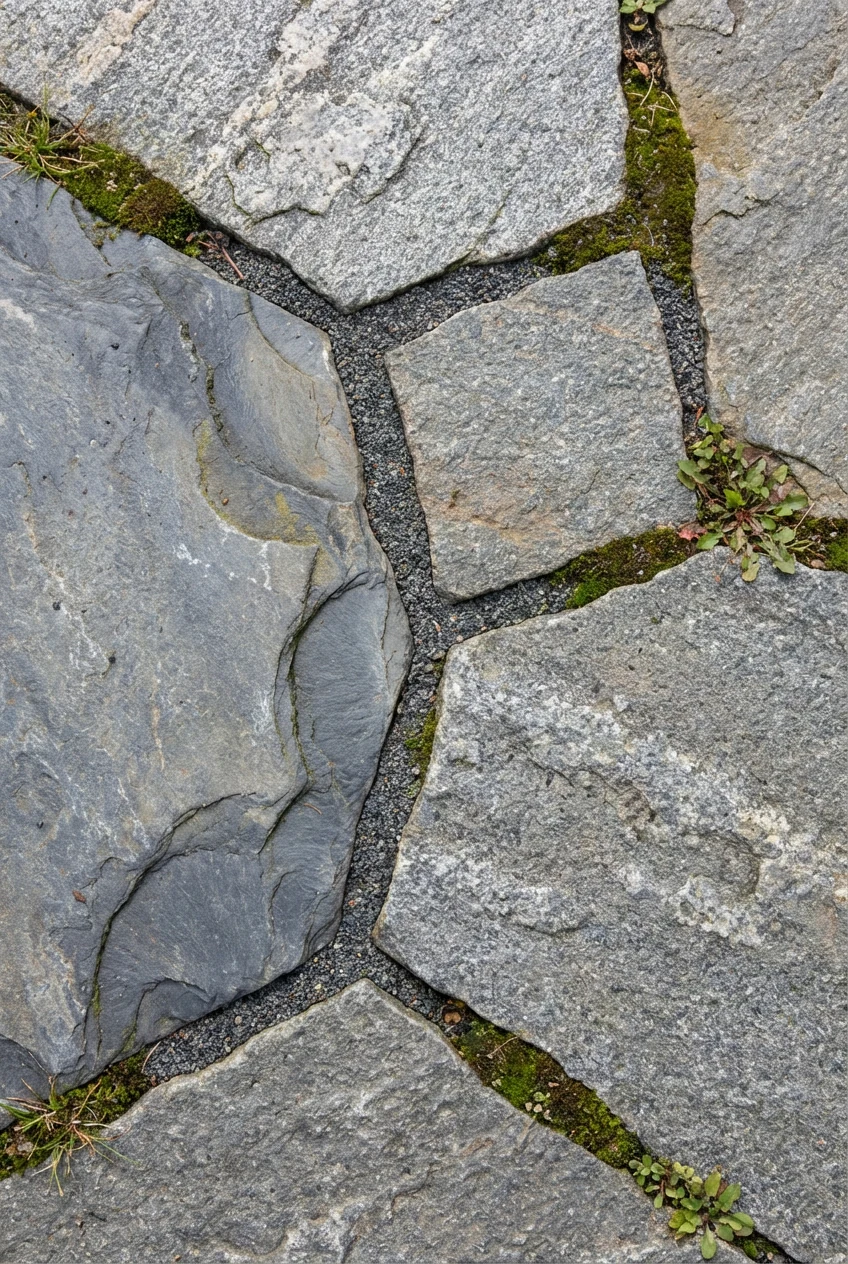 Large-format paver border closeup, tight joints with polymeric sand