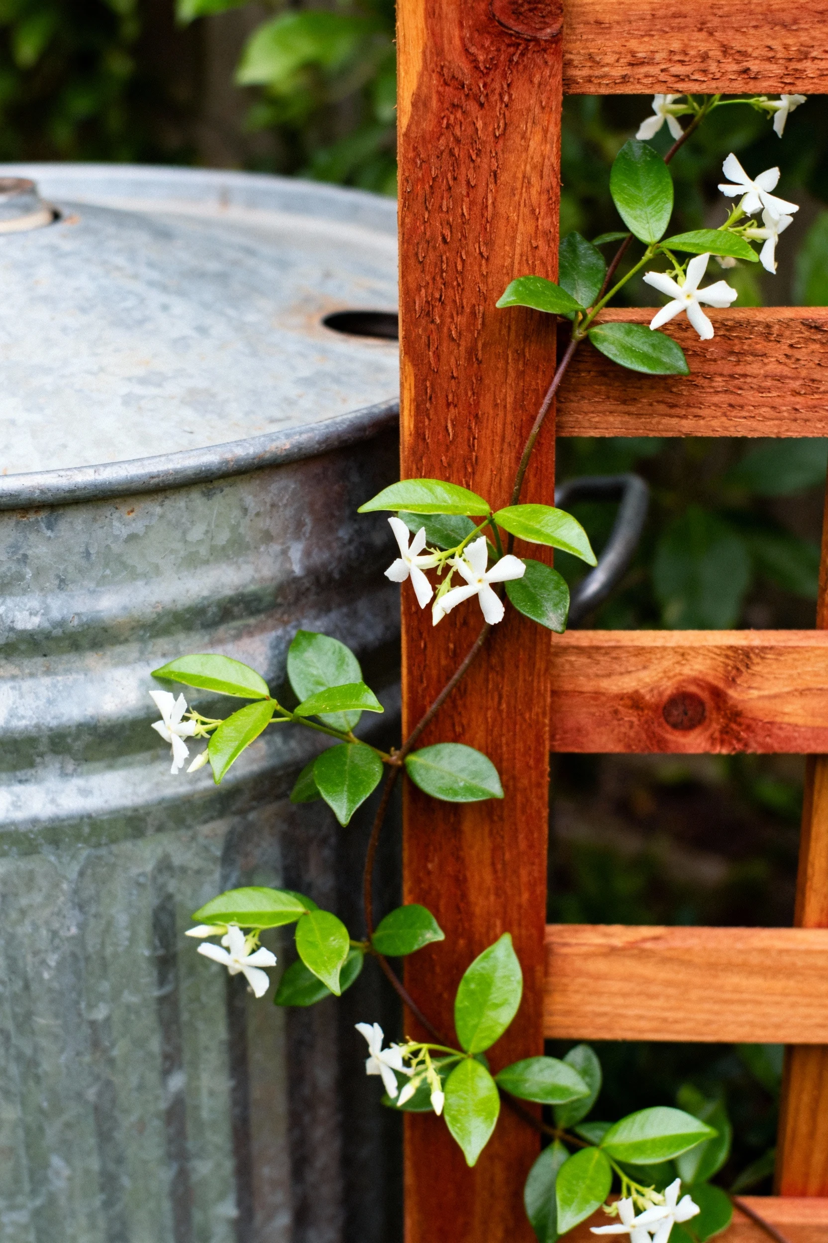 closeup galvanized rain barrel, cedar trellis, star jasmine