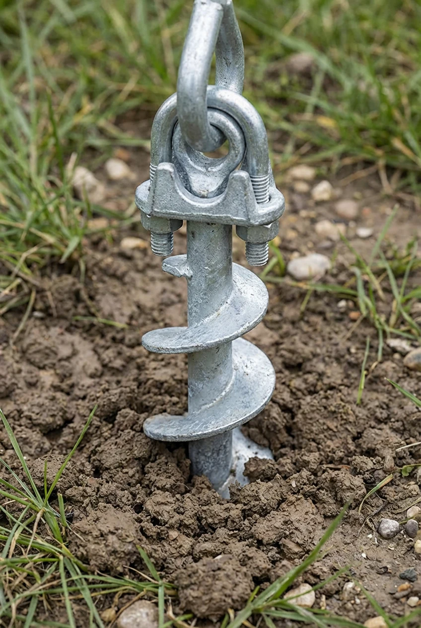 closeup spiral ground anchor with U-bolt securing hook base