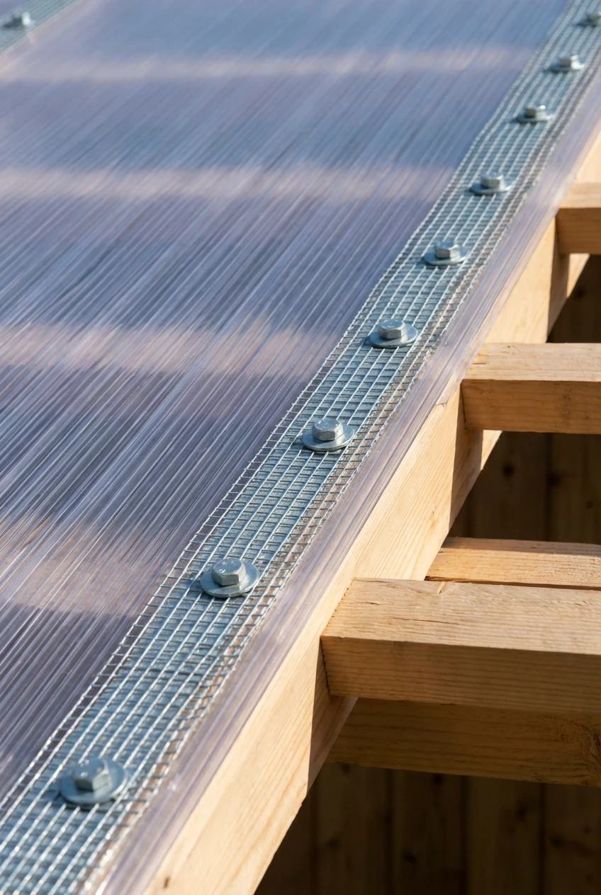 polycarbonate roof panel with attached mesh seam, bolts