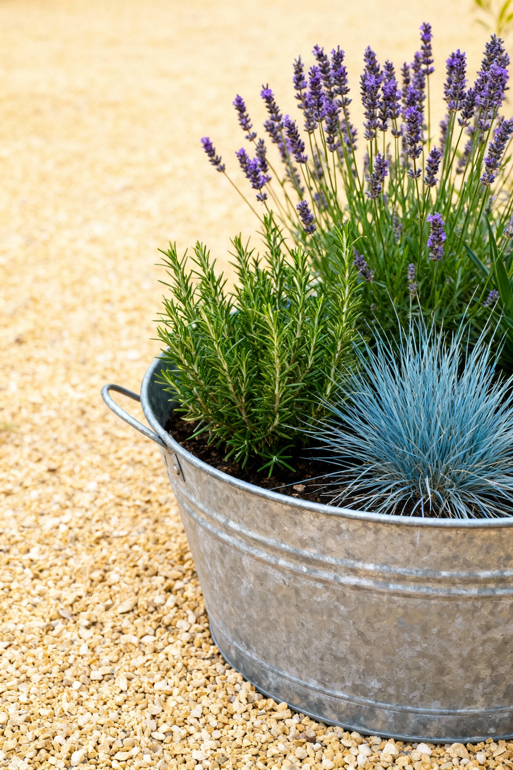 galvanized planter with lavender, rosemary, blue fescue on gravel