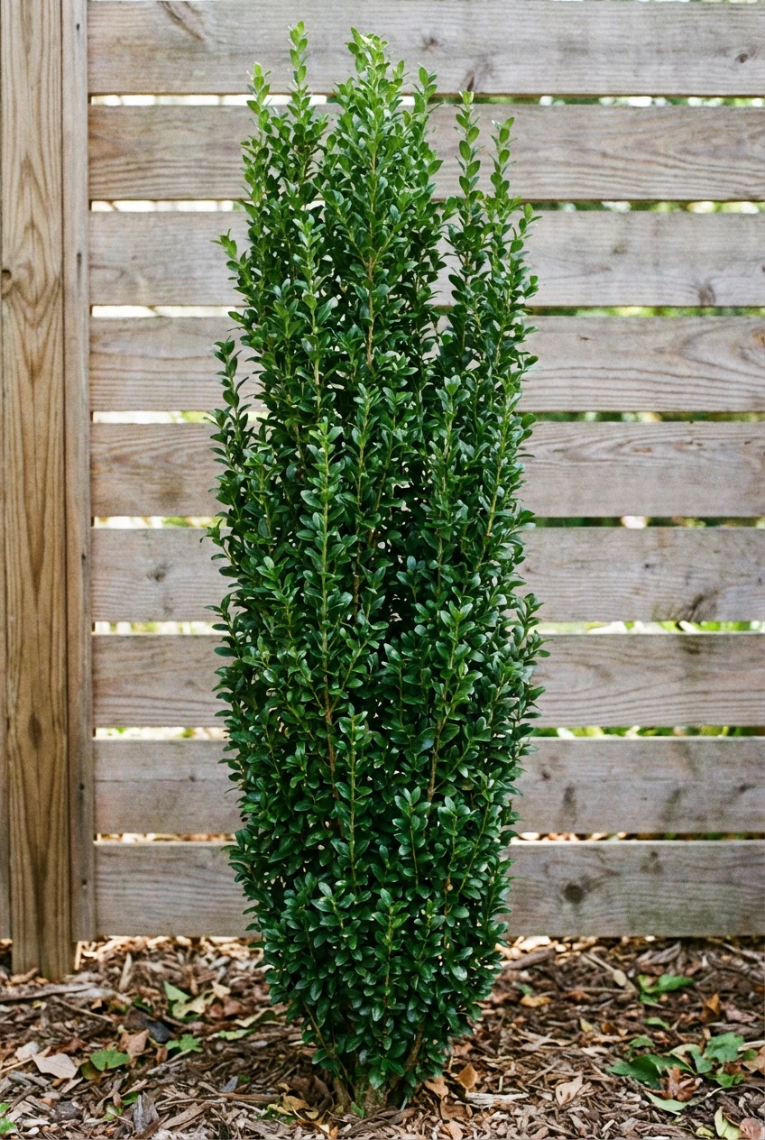 closeup Sky Pencil holly before slatted cedar privacy screen