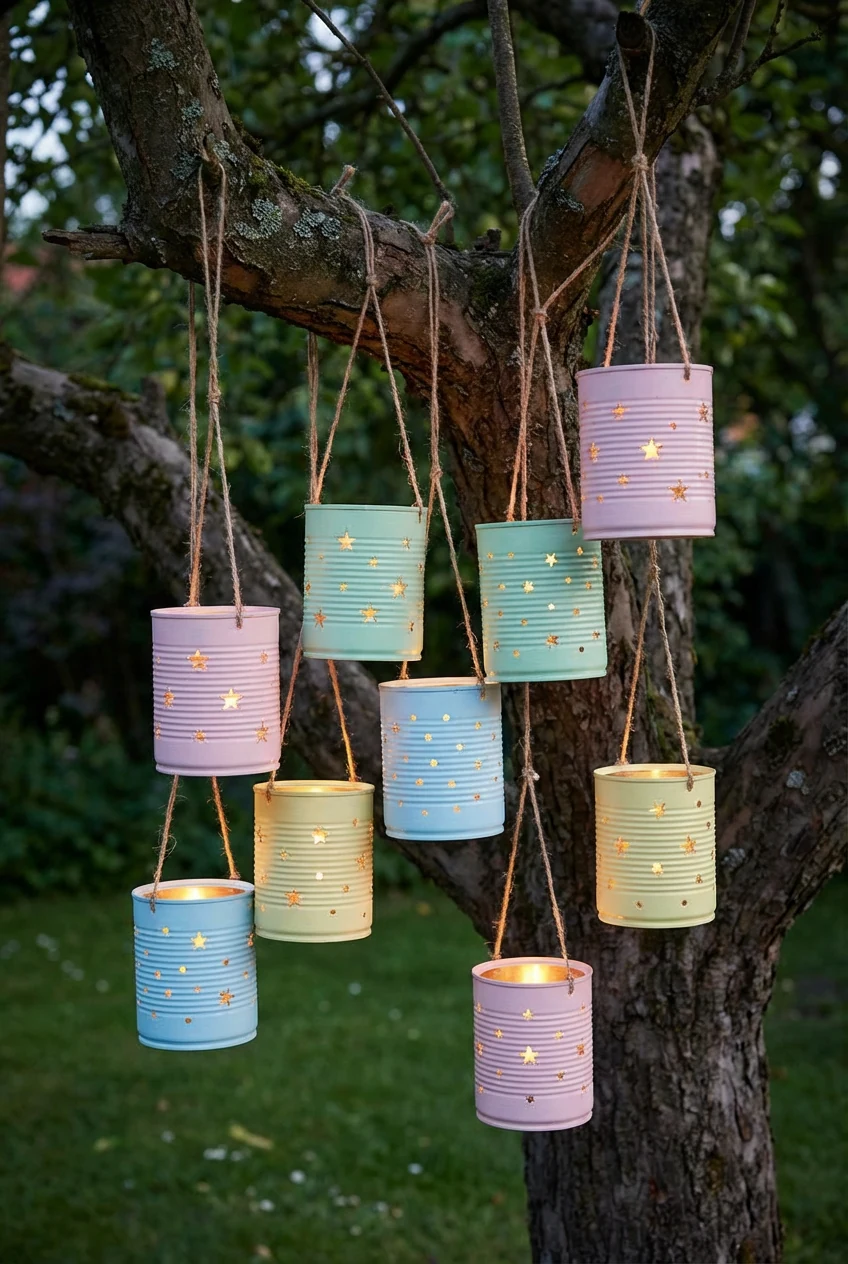 cluster of pastel tin can lanterns hanging from tree branches with twine