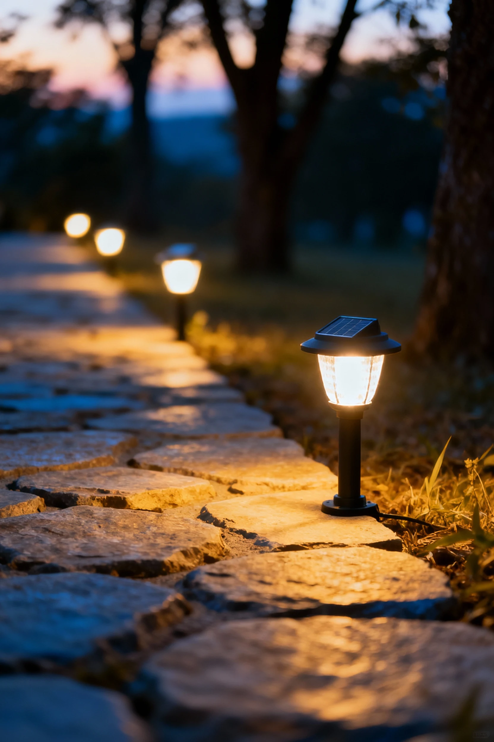 solar path lights glowing along stone walkway at dusk