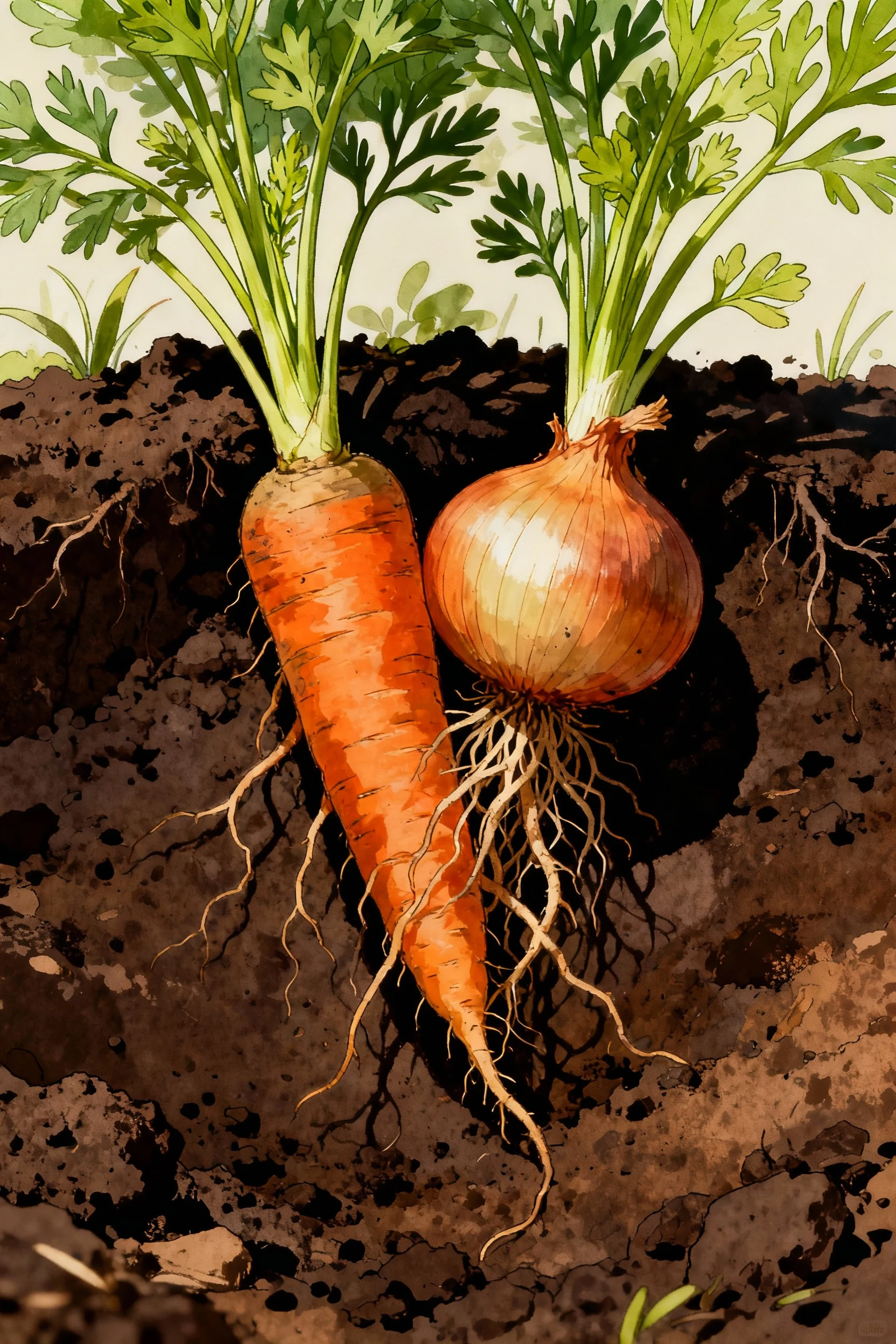 pair of carrots and onions growing closely in rich dark earth