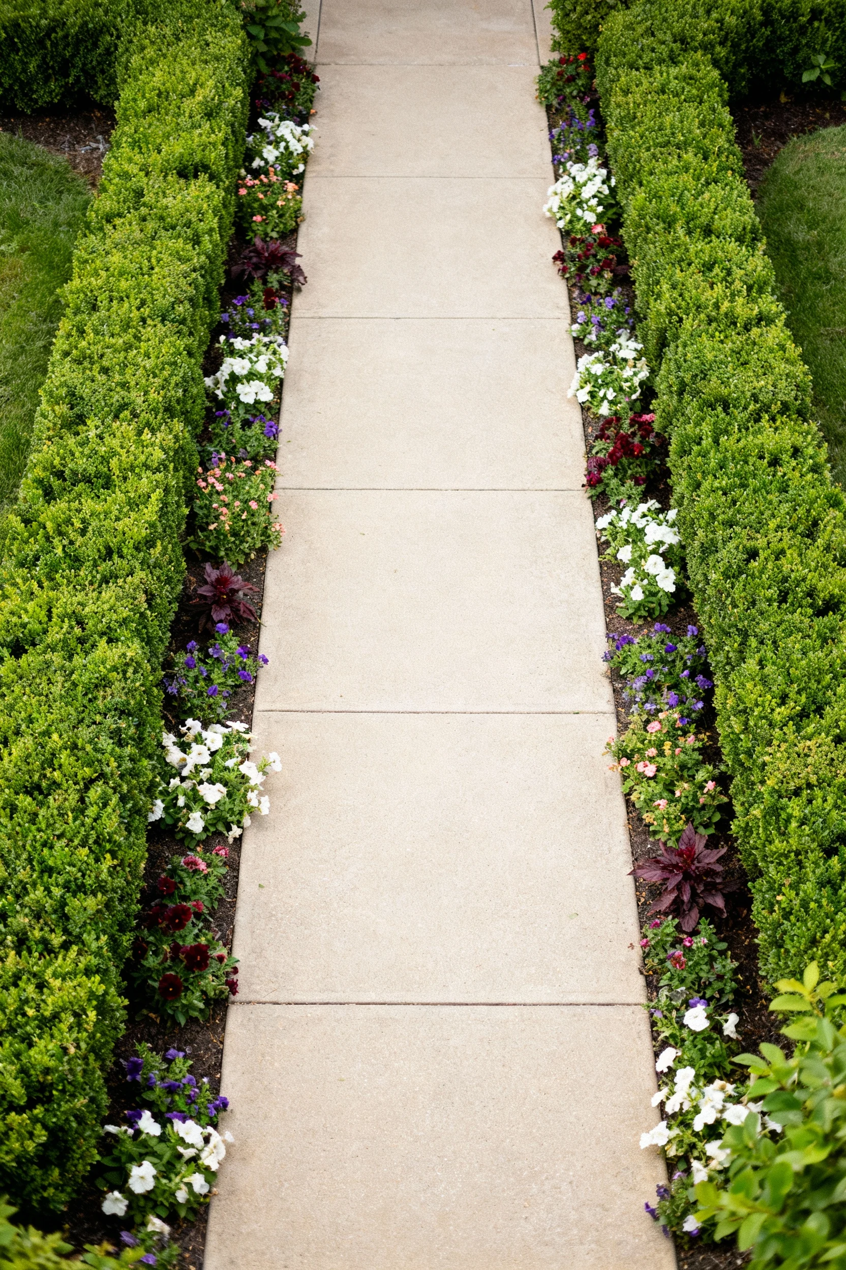 overhead view of boxwood shrub border framing wide front walkway with seasonal flowers