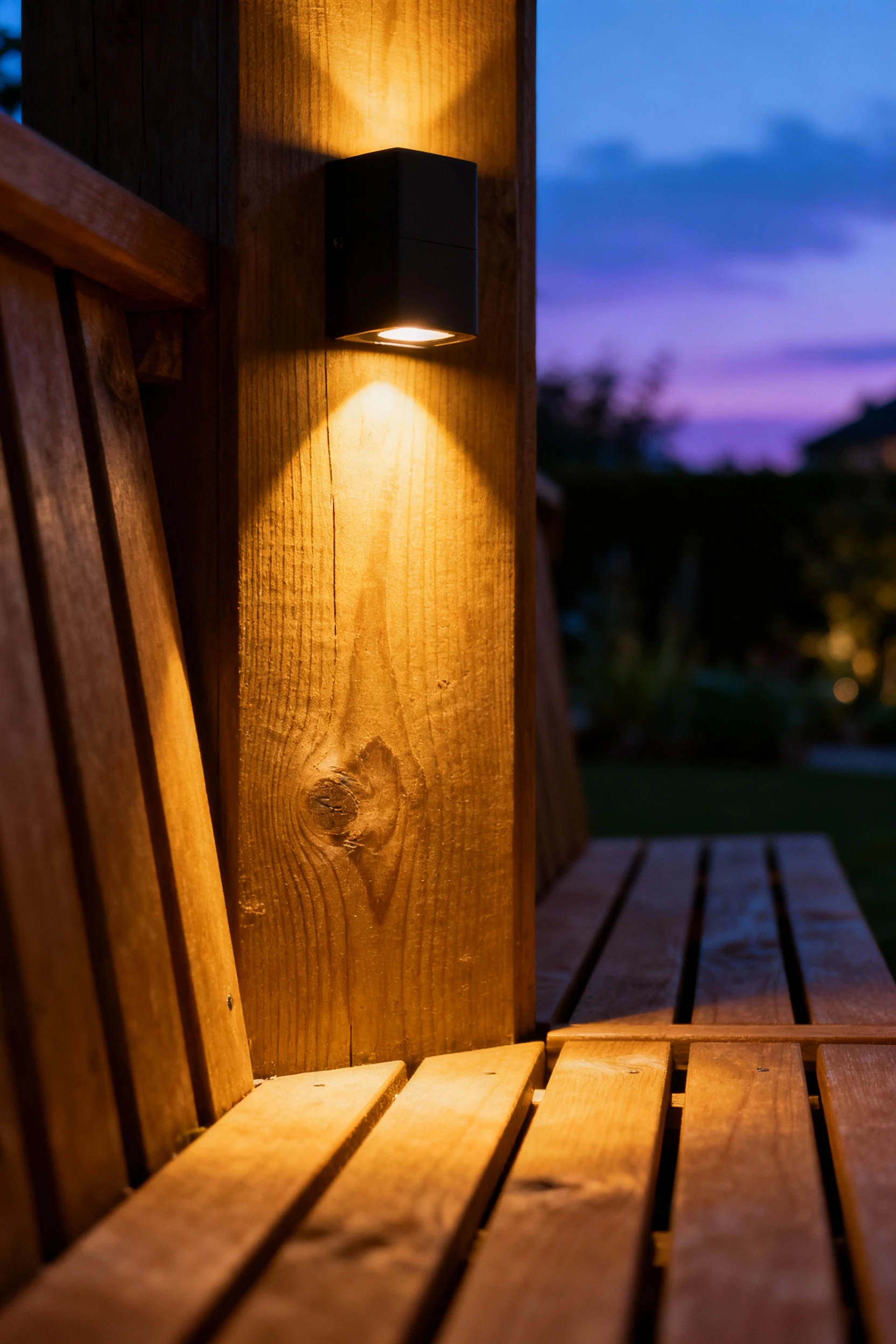 downward-facing garden light illuminating wooden seating at dusk