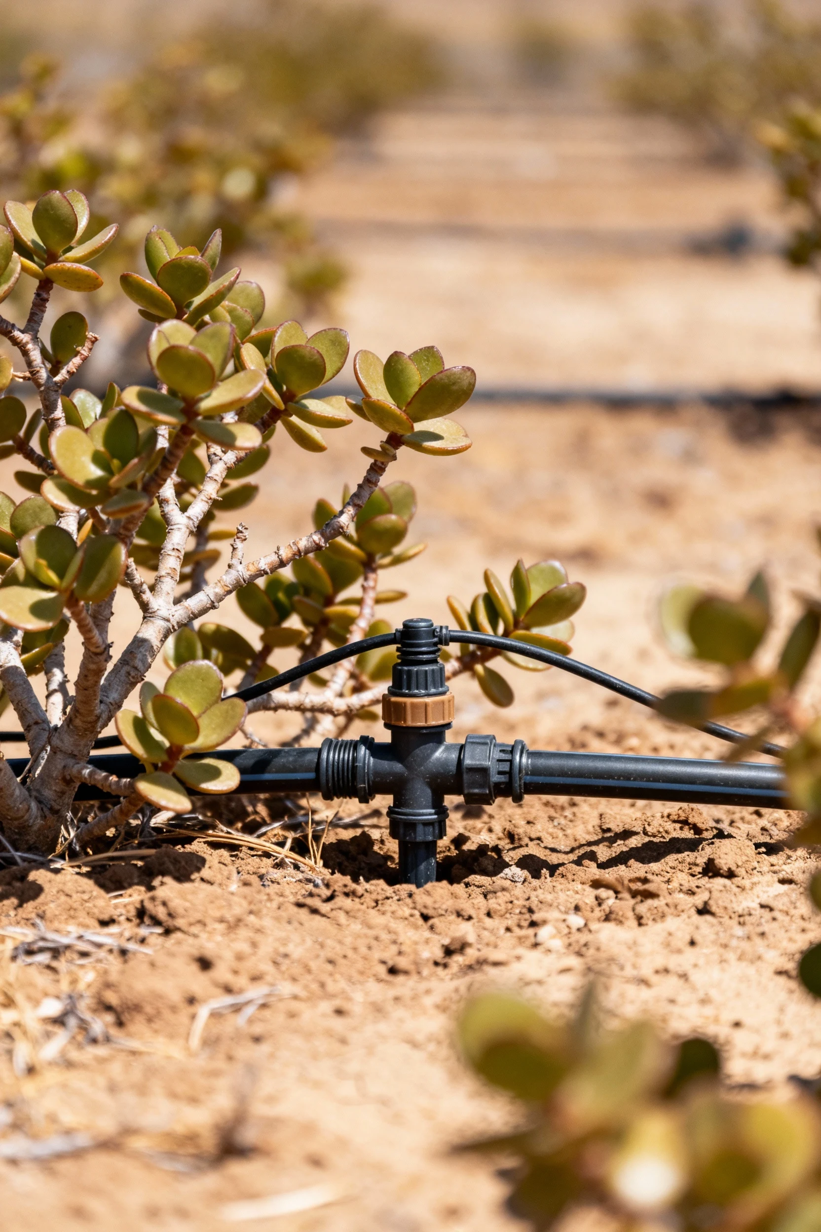 drip irrigation emitters on half-inch mainline behind drought shrubs