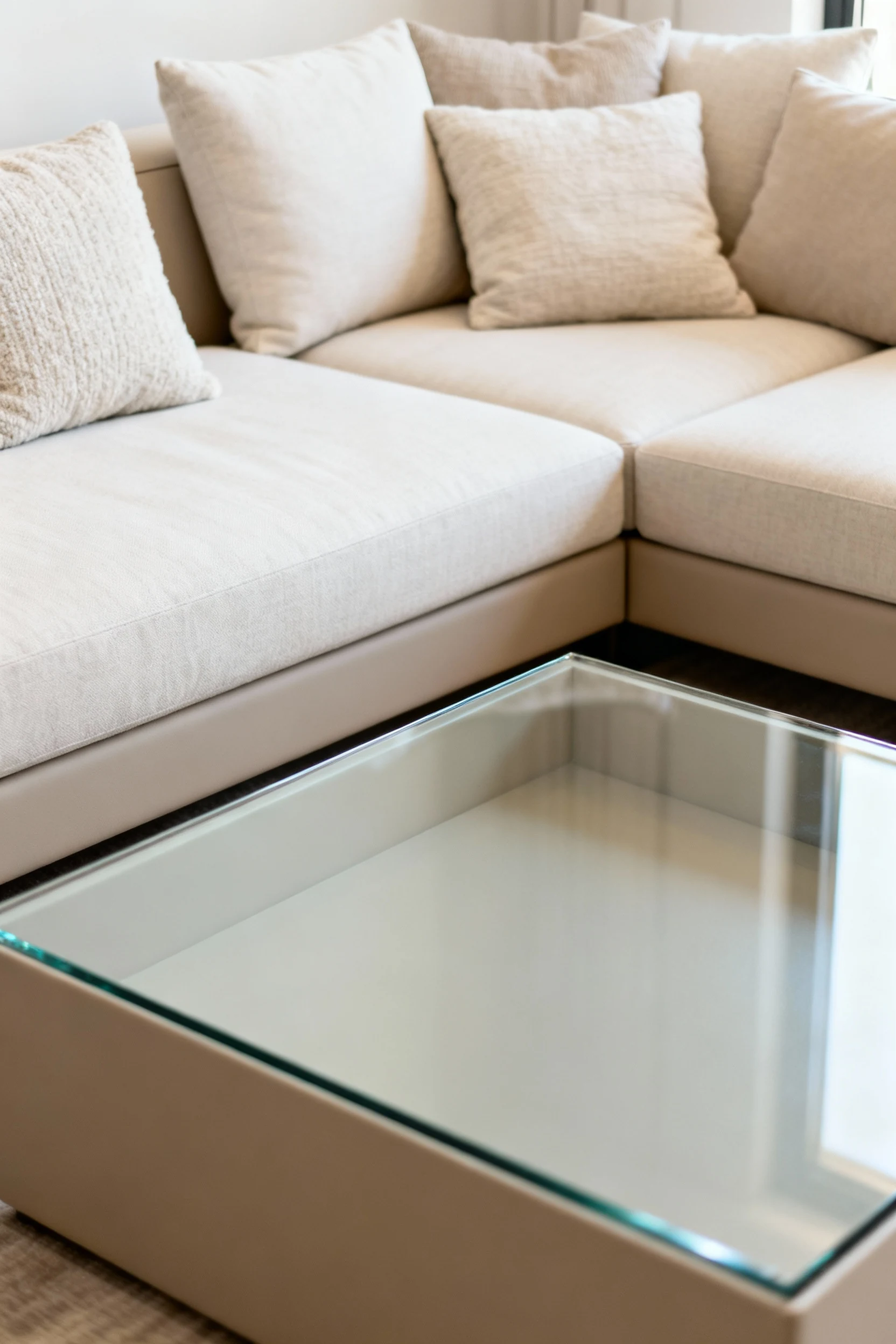 glass-topped modular sectional sofa with light-colored cushions arranged in L-shape