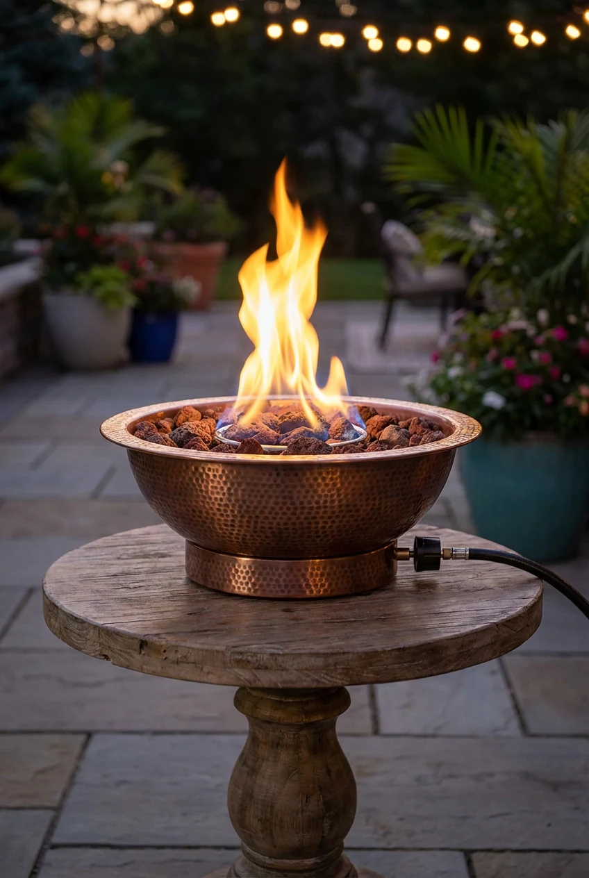 closeup tabletop propane fire bowl on round pedestal table