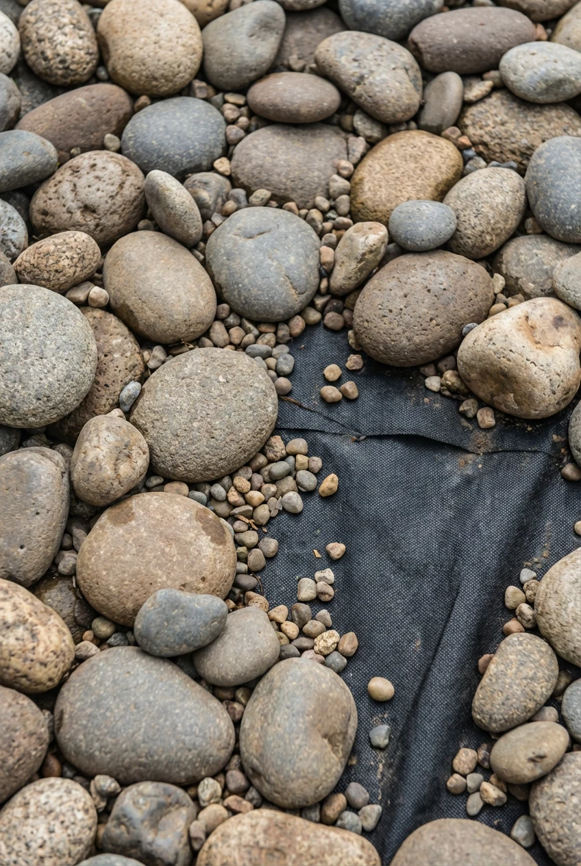 closeup rounded river rocks over geotextile with pea gravel
